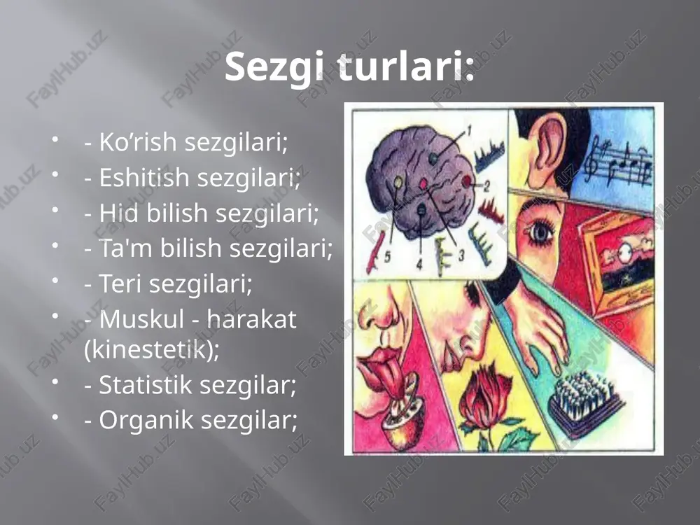 i. idrok o’ziga xos tuzilishga ega bo’lgan hissiy bilishning sifat jihatidan yangi yuksakroq bosqichidir idrok idrok sezgilarga nisbatan murakkab va mazmundor psixik jarayon bo’lib, barcha ruhiy holatlar, xususiyatlar, xossalar va inson ongining yaxlit mazmuni egallangan bilimlar, tajribalar, ko’nikmalar bir davming o’zida namoyon bo’ladi, aks ettirishda ishtirok etadi. idrok sezgiga nisbatan bir muncha murakkabroq. to’laroq aks ettirish jarayoni bo’lib, sezgi a'zolarimizga ta'sir ctib turgan narsa va hodisalami butun belgi hamda xususiyatlari bilan butunligicha, ya’ni yaxlit aks ettirishdan iboratdir. masalan, olmani ko’rgan paytimizda uning shakli, rangi, ta’mi, hidi va navi bilan birgalikda bir butun narsa tarzida idrok etamiz. demak, idrok qilish jarayonida deyarli barcha sezgilarimiz qatnashadi idrokning tasnifi: idrokni klassifikasiya qilishda quyidagi 3 ta muhim tomoni hisobga oiinishi kerak va ular quyidagi jadvalda keltirilgan. > idrok jarayonida qaysi analizatoming yetakchi rol ofynashiga qarab: ko’rish, eshitish, teri tuyish knestezik harakat hid bilish va ta'm bilish idroklari bir-biridan farq qiladi. > yashash shakllariga qarab …