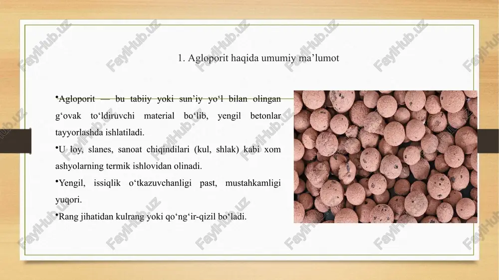 diruvchi material bo‘lib, qurilish sohasida keng qo‘llaniladi. uni ishlab chiqarishda tabiiy loylar, sanoat chiqindilari (kul, shlak, fosfogips) va yonuvchi qo‘shimchalardan foydalaniladi. xom ashyo granulatsiya, quritish, kuylash va sovitish bosqichlaridan o‘tadi, natijada issiqlik o‘tkazuvchanligi past, lekin mustahkam material olinadi. umuman olganda, agloporit ishlab chiqarish texnologiyasi — zamonaviy, energiya tejamkor va ekologik xavfsiz texnologiya bo‘lib, yengil betonlar va issiqlik izolyatsion konstruksiyalar tayyorlashda muhim ahamiyat kasb etadi. u beton to‘ldiruvchilari orasida samaradorligi yuqori, istiqbolli materiallardan biridir. 6. foydalanilgan adabiyotlar ro’yxati ”beton to’ldiruvchilar texnologiyasi”. darslik. raximov sh.t. mahmudova n. a. toshkent-2020. x. akromov, sh.rahimov, x.nuriddinov, m.turopov “beton to’ldiruvchilari texnologiyasi“ toshkent, 2012y. j.t.obidjonov,sh.t.rahimov “beton toʼldiruvchilar texnologiyasi” fanidan kurs loyihasini bajarish uchun uslubiy koʼrsatma – toshkent – 2023 image5.png image6.png image7.png image8.png image3.png image4.png /docprops/thumbnail.jpeg