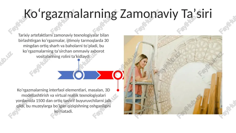 opilgan bo'lib, ularning madaniy va ijtimoiy hayotini aks ettiradi. so'pol buyumlar to'plamida miloddan avvalgi 1-ming yillikka oid 200 dan ortiq seramika buyumlari, shu jumladan, turli xil shakl va o'lchamdagi idishlar namoyish etilgan. zargarlik buyumlari va bezalar ko'rgazmada taxminan 500 dan ortiq marvarid, qimmatbaho toshlar va rang-barang tosh parchalaridan foydalanilgan bezak buyumlari to'plami mavjud bo'lib, ularning ba'zilari antik davr texnologiyalarini namunelari hisoblanadi. vii-viii asrlarga oid oltin va kumushdan ishlangan taqinchalar va bosh kiyimlar bezagi elementlarining o'ziga xos geometrik va o'simlik naqshlari uslubi aks etgan eksponatlar ko'rgazmaning muhim qismini tashkil qiladi. metallurgiya va qurol-yarogʻlar koʻrgazmada temir davriga oid (miloddan avvalgi vii-iii asrlar) taxminan 50 ga yaqin temir qurol-yarogʻ buyumlari, jumladan, qilichlar, nayzalar va oʻq uchlari mavjud. eksponatlar orasida turli metallurgiya usullari bilan tayyorlangan (choʻyan quyish, temirni taqish kabi) kamida 20 ta qolip va metall buyumlarining parchalarini ko'rish mumkin. e'tiboringiz uchun rahmat @taqdimot_robot image4.jpg image5.jpg image6.jpg image7.jpg image8.jpg image9.jpg image10.jpg image11.jpg image12.jpg image13.jpg …