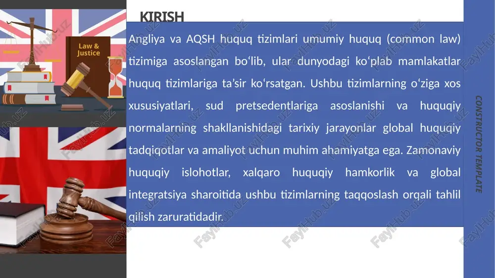 inistrativ huquqning ahamiyatini “chevron v. natural resources defense council” (1984) ishi misolida ko‘rish mumkin. ushbu ishda oliy sud agentliklarning qonunlarni talqin qilishdagi keng vakolatlarini tasdiqladi, bu “chevron deference” tamoyilini o‘rnatdi. bu tamoyil sudlar agentlik qarorlarini faqat o‘ta noaniq hollarda bekor qilishini anglatadi. administrativ huquqning mohiyati angliya (buyuk britaniya) huquq tizimidagi asosiy manbalar umumiy huquq va sud pretsedentlari (common law and case law) statut huquqi (statutory law): konventsiyalar va odatlar (conventions and customary law) jihat angliya aqsh asosiy manba parlament qonunlari va common law konstitutsiya va apa nazorat mexanizmi judicial review (sud pretsedentlari) judicial review + agentlik qoidalari tizim xususiyati markazlashgan (parlament suveren) federal (ikkita daraja) mohiyatdagi rol davlat faoliyatini cheklash agentliklar orqali samarali boshqaruv taqqoslash va administrativ huquq mohiyatiga ta'siri angliya va aqsh huquq tizimlari umumiy ildizdan kelib chiqib, dunyo huquqiy landshaftini shakllantirgan bo'lib, ularning manbalari – pretsedentlar, qonunlar va konstitutsiyaviy elementlar – jamiyat rivojiga moslashgan. angliya tizimi parlament suvereniteti …