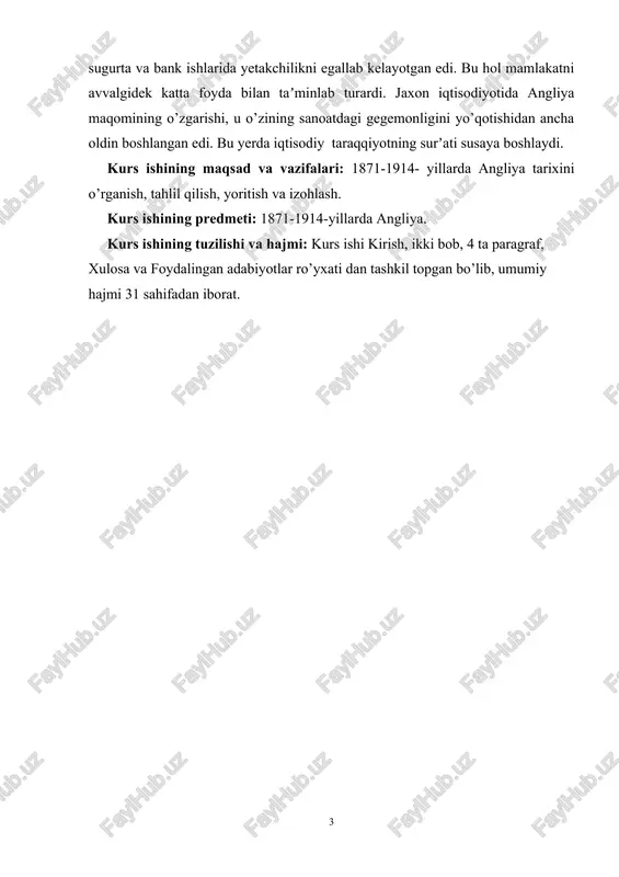 . 70-yillardan ingliz kapitali mamlakat ichkarisida sezilarli darajada kamaydi. ayniqsa, mamlakat tashqarisiga kapital chiqarishning ko’proq foyda keltirishi uning chetga ko’plab chiqarilishiga olib keldi. xix asr 70-yillaridan angliya jahon sanoat ishlab chgiqarishidagi monopol o’rnini yo’qota bordi. dunyo ustaxonasi maqomini yo’qotayotgan bo’lsa-da, angliya hali juda katta mustamlakalarga ega, dengizda hukmronlikni, jahon savdosida vositachilikni, sug’urta va bank ishlarida yetakchilikni egallab kelayotgan edi. bu hol mamlakatni avvalgidek katta foyda bilan ta’minlab turardi . jahon iqtisodiyotida angliya maqomining o’zgarishi, u o’zining sanoatdagi gegemonligini yo’qotishidan ancha oldin boshlangan edi. bu yerda iqtisodiy taraqqiyotning sur’ati susaydi; 70-yillardan boshlab angliya kapitalidan mamlakat ichkarisida kam foydalanildi, eng foydali soha kapitalni chetga joylashtirish bo’lib qoldi. xix asrning oxirgi choragi davomida ingliz eksporti doimiy ravishda pasayib bordi. aqsh va ayniqsa germaniyada bu ko’rsatkich o’sdi. angliya ko’p miqdorda kapital eksport qiluvchi davlat bo’lib qoldi. ingliz iqtisodchilarining hisob-kitoblariga ko’ra, mamlakat tashqarisi va koloniyalarga joylashtirilgan britaniya kapitali milliy kapitallarning taxminan 15 % ini tashkil …