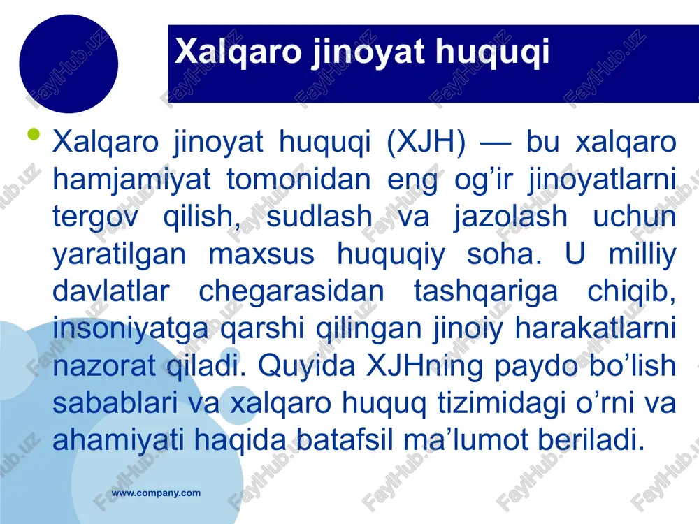 i xalqaro jinoyat huquqining asosiy elementlaridan biri bo’lib, ularni sistematik ravishda guruhlash orqali huquqiy baho berishni osonlashtiradi. asosiy tasnif to’rt toifaga asoslangan bo’lib, ular rim statutida belgilangan: genocid, urush jinoyatlari, insoniyatga qarshi jinoyatlar va tajovuz jinoyati. ushbu tasnif jinoyatlarning og’irligi, miqyosi va oqibatlariga qarab amalga oshiriladi. genocid jinoyati turlari orasida eng og’irlaridan biri hisoblanadi. u ma’lum bir millat, etnik, irqiy yoki diniy guruhni yo’q qilishga qaratilgan harakatlarni o’z ichiga oladi. tasnif bo’yicha, genocid jismoniy yo’q qilish (o’ldirish), jiddiy zarar yetkazish, tug’ilishni oldini olish va bolalarni majburan ko’chirish kabi elementlarga bo’linadi. www.company.com xalqaro jinoyat huquqining manbalari (konvensiyalar, nizomlar, sud qarorlari) xalqaro jinoyat huquqining manbalari huquqiy normalarning asosiy majmuasini ifodalaydi, ular konvensiyalar, nizomlar va sud qarorlaridan iborat. konvensiyalar orasida jenova konvensiyalari (1949) muhim o’rin tutadi, ular urush jinoyatlarini tartibga soladi. ushbu konvensiyalar quro’lli mojaro’larda fuqaro’larni himoya qilishni belgilaydi, masalan, asirlarning huquqlarini. konvensiyalarning mohiyati shundaki, ular davlatlar o’rtasida imzolangan shartnomalar bo’lib, universal qo’llaniladi. …