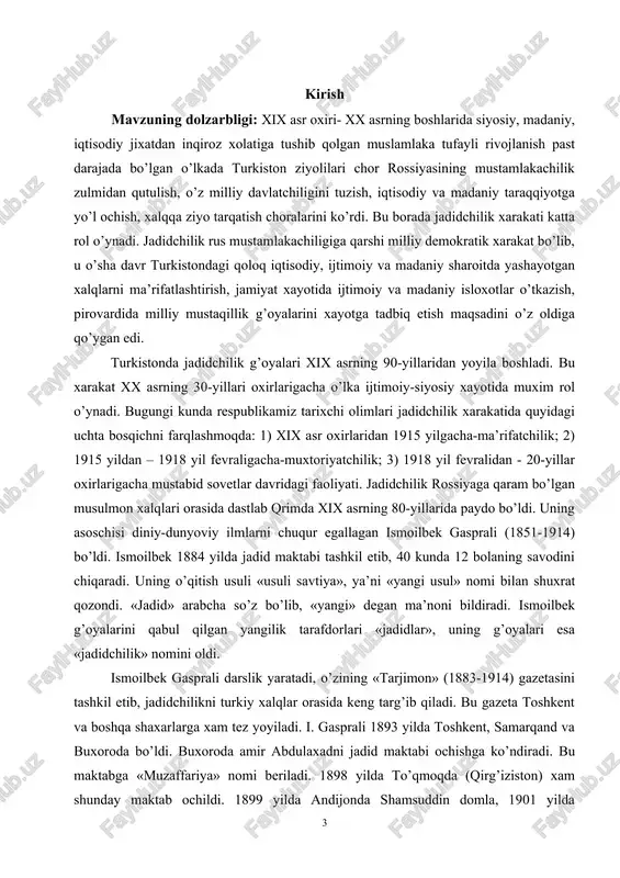 onbozlik ko’rsatishdi. yangicha o’qitish musulmon bolalariga qisqa vaqt ichida dunyoviy, diniy ta’lim berish dasturi asosida olib borildi. bu dasturga ko’ra maktablarda o’qitish tizimi ikki bosqichdan iborat bo’lgan. birinchi bosqich ibtidoiy qism deb atalib, uning taxsil muddati 4 yil bo’lgan. birinchi bosqichni tugatgan shogird eski maktabda 10 yil o’qigandan ko’ra yaxshiroq savod chiqargan. ikkinchi bosqichni muvaffaqiyatli tugatgan shogird arabcha, forscha, turkiy tilda bemalol so’zlashib, ruschada erkin gaplasha olar edilar. kurs ishining predmeti: mahmudxo’ja behbudiy va jadidchilik mavzusini o’rganish va tahlil qilish. kurs ishining tuzilishi va hajmi: kurs ishi kirish, ikki bob, 4 ta paragraf, xulosa va foydalingan adabiyotlar ro‘yxatidan tashkil topgan bo‘lib, umumiy hajmi 34 sahifadan iborat. i bob. mahmudxo’ja behbudiyning hayoti va faoliyati. jadidchilikning paydo bo’lishi i.1 mahmudxo’ja behbudiy hayoti va faoliyati mahmudxoʻja behbudiy xx asr boʻsagʻasidaga turkiston ijtimoiy-siyosiy harakatchiligining eng yirik namoyandasi, yangi davr oʻzbek madaniyatining asoschisidir. turkiston jadidlarining tan olingan rahnamosi, mustaqil jumhuriyat gʻoyasining yalovbardori, yangi maktab gʻoyasining …