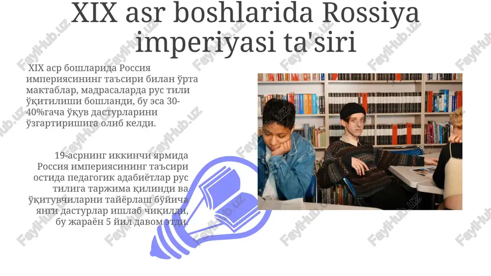 pedagogikaning qadimgi tarixi markaziy osiyoda eramizdan avvalgi 1-ming yillikda, madrasalar va maktablar orqali diniy va dunyoviy bilimlar, shu jumladan, matematika, astronomiya va adabiyot o'qitish tizimi mavjud bo'lgan. 19-asrda rus imperiyasi ta'sirida zamonaviy pedagogik g'oyalar, yangi o'quv dasturlari va pedagogik uslublar asta-sekin markaziy osiyo ta'lim tizimiga kiritilgan. oliy ta'limning rivojlanishi davlat tomonidan oliy ta'limning kredit-modul tizimiga o'tishi, 2000-yillardan boshlab talabalarga o'qish jarayonini individual rejalashtirish imkoniyatini berdi. sovet davridan farqli ravishda, mustaqillikdan keyin oliy ta'limda bozor iqtisodiyoti tamoyillari joriy etilib, xususiy universitetlar soni sezilarli darajada oshdi. bolalar bog'chasi va maktabgacha ta'lim 01 02 davlat tomonidan moliyalashtiriladigan maktabgacha ta'lim muassasalarida pedagogik kadrlar tayyorlashning sifatini oshirishga qaratilgan loyihalar soni 2010-yildan beri 50% ga oshdi. sales 1st qtr 2nd qtr 100 0 sales 1st qtr 2nd qtr 100 0 movarounnahrdagi ilm-fan markazlari movarounnahr hududida astronomiya, matematika va tibbiyot kabi sohalarda 20 dan ortiq yirik olimlar faoliyat yuritgan bo'lib, ularning ilmiy asarlari butun dunyoga tarqalgan. regiondagi …