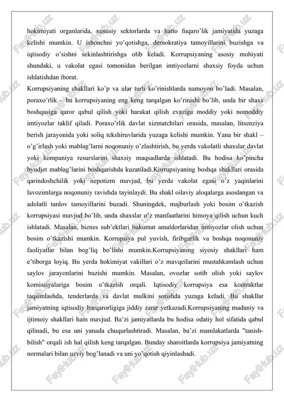 rupsiya shakllari ko’p va ularning har biri jamiyatga o’zicha ta’sir qiladi. bu hodisani tushunish uning oldini olish uchun asos bo’ladi. korrupsiyani keltirib chiqaruvchi asosiy omillar korrupsiya yuzaga kelishiga sabab bo’lgan omillar ko’p va ularni tizimli va individual darajalarda ko’rib chiqish mumkin. birinchi navbatda, tizimli omillar orasida davlat boshqaruvidagi kamchiliklar e’tiborga loyiq. masalan, ochiqlikning etishmasligi va nazorat mexanizmlarining zaifligi korrupsiyaga zamin yaratadi. agar davlat organlarining faoliyati shaffof bo’lmasa, amaldorlar o’z harakatlarini yashirishi mumkin.iqtisodiy omillar ham muhim rol o’ynaydi. kam daromadli mamlakatlarda davlat xizmatchilarining maoshi past bo’lsa, ular qo’shimcha daromad izlashga majbur bo’ladi. bu poraxo’rlik va boshqa noqonuniy harakatlarga olib keladi. shuningdek, iqtisodiy inqirozlar va resurslar taqchilligi korrupsiyani kuchaytiradi, chunki odamlar o’z manfaatlarini himoya qilish uchun noqonuniy yo’llarga murojaat qiladi. madaniy va ijtimoiy omillar korrupsiyaning paydo bo’lishida katta ahamiyatga ega. ba’zi jamiyatlarda korrupsiya odatiy hol sifatida qabul qilinadi va bu avlodlar orasida o’tkaziladi. masalan, oilaviy aloqalar orqali ish hal qilish keng tarqalgan …