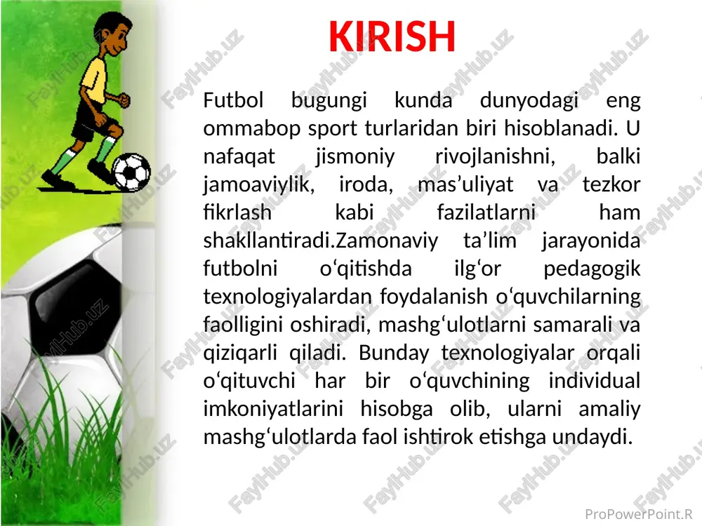 moniy va texnik tayyorgarlikni shakllantirish, balki talabalarning ijodiy va intellektual salohiyatini rivojlantirishni ham talab etadi. propowerpoint.ru darslarni modulli o‘qitish tizimi asosida tashkil etish modulli o‘qitish tizimi futbol o‘qitishida zamonaviy texnologiyalarni integratsiya qilishning eng samarali usullaridan biri hisoblanadi. bu tizim o‘quv jarayonini mustaqil, moslashuvchan modullarga bo‘lishga asoslanadi, har bir modul aniq maqsad va natijalarga ega bo‘lib, talabalarga o‘z sur’ati bilan o‘rganish imkonini beradi. propowerpoint.ru futbol o‘qitishida modulli tizimni joriy etishda quyidagi reja ajralib turadi: propowerpoint.ru modullarni loyihalash texnologik integratsiya amaliy sinov va moslashtirish talabalarning individual yondashuv asosida tayyorgarligini baholash talabalarning futbol tayyorgarligini baholashda individual yondashuv zamonaviy texnologiyalarning asosiy afzalliklaridan birini ochib beradi. an’anaviy baholash usullari (masalan, umumiy testlar) talabalarning shaxsiy farqlarini hisobga olmaydi, ammo texnologik vositalar – kiyim ustiga o‘rnatiladigan sensorlar, video tahlil va biometrik ma’lumotlar – har bir talabaning kuchli va zaif tomonlarini aniq aniqlashga imkon beradi. bu yondashuv talabalarni nafaqat jismoniy, balki texnik, taktik va psixologik jihatdan baholaydi, natijada …