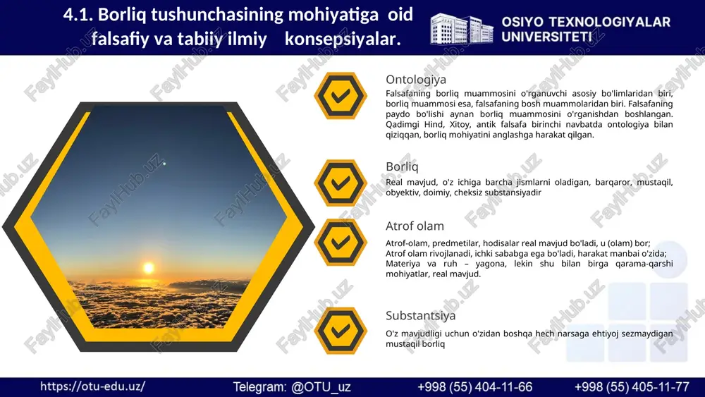 osi "vujudi vojib" ya'ni ollohdir. vujudi vojib bu birinchi mohiyat. uning mavjudligi sababini boshqa narsalardan qidirish noo'rin. chunki birinchi sabab uning natijasi bo'lgan xilma-xil jarayonlarning mohiyatiga bog'liq bo'la olmaydi “vujudi mumkin" esa doimo o'zgarishda, ziddiyatli munosabatlarda bo'lib, unda barcha narsalar oddiydan murakkabga, tartibsizlikdan tartiblilikka qarab harakat qiladi forobiyning fikricha borliq ikkiga bo'linadi ibn sino fikricha borliq 1 2 3 4.3. borliq shakllarining tasnifi. biosfera va noosfera haqidagi ta’limotlar. o'tgan zamondagi borliq yo'qlikdir. borliq doim hozirgi zamonda mavjud bo'ladi, u faqat hozirgi zamonda o'zini namoyon etadi. borliq va yo'qlik o'rtasida dialektik o'zaro aloqa mavjud. borliq falsafiy kategoriya sifatida dunyoni uning butun rang-barangligi va turli-tuman namoyon bo'lish shakllari bilan yaxlit aks ettirish imkonini beradi. yo'qlik borliqni inkor etadi va narsa, jism, hodisa, ong o'zligini yo'qotgan holatda "yo'qlik" atamasi ishlatiladi. 1 2 3 4 4.3. borliq shakllarining tasnifi. biosfera va noosfera haqidagi ta’limotlar. borliq shakllari moddiy borliq tabiat borlig'i notirik tabiat borlig'i ma'naviy …