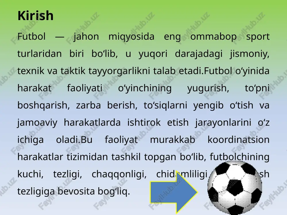 mkin. masalan, himoya chizig'ida joylashishda futbolchilar bir-biridan 5-7 metr masofada turishi kerak, bu esa zonalarni qoplashga yordam beradi. taktik harakat faoliyati (joylashish, pozitsiya tanlash, himoya va hujum harakatlari) futbolchilarda harakat faoliyatini rivojlantirish yo‘llari futbol sporti zamonaviy jamiyatda nafaqat jismoniy faollikning muhim shakli, balki individual va jamoaviy mahoratni rivojlantirishning samarali vositasi sifatida tan olinmoqda. harakat faoliyati futbolchilarning o‘yindagi samaradorligini belgilovchi asosiy omil bo‘lib, u o‘yinchining texnik, taktik va jismoniy tayyorgarligini birlashtiradi. ushbu bobda futbolchilarda harakat faoliyatini rivojlantirishning amaliy yo‘llari chuqur ko‘rib chiqiladi, bunda mashg‘ulotlar jarayonida qo‘llaniladigan usullar, maxsus mashqlar va zamonaviy texnologiyalardan foydalanishga alohida e’tibor qaratiladi. harakat faoliyatini takomillashtirish orqali futbolchilarning maydondagi harakatlarini yanada samarali va xavfsiz qilish mumkin bo‘ladi, bu esa natijada o‘yin natijalarini yaxshilashga xizmat qiladi. futbolchilarda harakat faoliyatini rivojlantirish yo‘llari – bu murakkab va ko‘p qirrali jarayon bo‘lib, unda mashg‘ulot usullari, maxsus mashqlar va zamonaviy texnologiyalar birgalikda ishlaydi. mashg‘ulotlarda takomillashtirish usullari orqali periodizatsiya va individualizatsiya futbolchilarning jismoniy va …