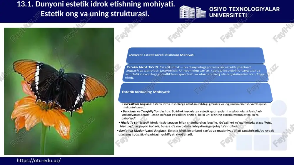 ing zamonaviy yondashuvlari. estetik did va olamni estetik idrok etishning shaxs kamolotiga ta’siri. estetik tarbiya - bu insonning go'zallikka bo'lgan idrokini rivojlantirish, san'atni tushunish va baholash qobiliyatini oshirishga qaratilgan jarayondir. estetik tarbiya turli usullar bilan amalga oshiriladi, masalan, musiqa, rasm, adabiyot, teatr, kino darslari orqali. rasm san'ati rasm san'ati insonning vizual idrokini rivojlantirish va uni go'zallikni qadrlashga o'rgatadi. musiqa san'ati musiqa san'ati insonning eshitish qobiliyatini rivojlantirish va uni go'zallikni qadrlashga o'rgatadi. adabiyot adabiyot insonning tafakkurini rivojlantirish, uni san'at asarlarini tushunishga o'rgatadi. teatr teatr insonning his-tuyg'ularini rivojlantirish, uni san'at asarlarini tushunishga o'rgatadi. * 13.4. estetikaning zamonaviy yondashuvlari. estetik did va olamni estetik idrok etishning shaxs kamolotiga ta’siri. * 1 go'zallikni qadrlash estetik tarbiya insonni go'zallikni qadrlashga o'rgatadi, uni go'zallikka bo'lgan qiziqishini uyg'otadi va uni go'zallikni idrok etishga o'rgatadi. 2 ijodkorlik estetik tarbiya insonning ijodkorlik qobiliyatini rivojlantiradi, uni o'z fikrlarini va his-tuyg'ularini ifodalashga o'rgatadi. 3 his-tuyg'ularni rivojlantirish estetik tarbiya insonning his-tuyg'ularini rivojlantirishga …