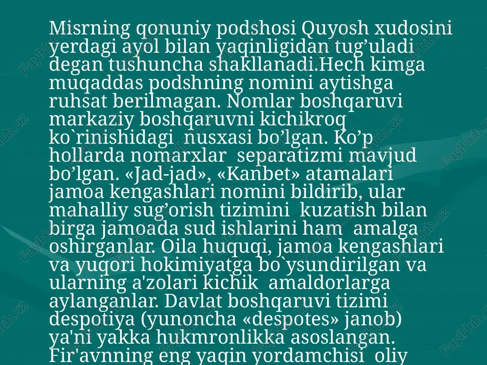 dala ishlarida foydalanishgan. misr dehqonlari yerga urug’ sochish va hosilni yig’ishtirib olish ishlarini g’ayraodatiy muddatda bitkazishgan. iyul-sentabr oylarida ular dam olishgan va urug’likni ekishga hozirlashardi,negaki bu mahalda barcha dalalarni suv bosgan bo`lardi. kuzda dalalarga urug’ ekligan,sug’orish uchun kanallar va ariqlarni tozalash ishlari boshlangan,chunki bu paytlarda yomg`ir juda kam yog’ar edi. qishda esa hosil yig’im-terimi boshlangan. boshoqlarni mis o’roqlar bilan o’rib olib, so’ngra maxsus joyga tashib,bug’doy yoki arpa bog’lari ustidan hayvonlarni haydab o’tib, hoslini yanchishgan. xirmonjoydan chiqqan don sopol xumlarda saqlangan. bu taqdir donni son-sanoqsiz kemiruvchilar zararkunandalardan omon saqlardi. misr va qo’shni xalqlar misr janubdan nubiya bilan chegaradosh bo’lgan. bu mamlakatga misrliklar nil bo’ylab oltin,smola(qatron),fil suyagi,nodir navli yog’ochlarni ayirboshlash uchun borganlar. misr g’arbida, liviya cho`lida shu namdagi davlat joylashgan.sahro aholisi ko’chmanchi chorvador bo’lgan. quyi misrdagi memfis shahri orqali o’tadigan yo’l sinay yarimoroliga olib borgan,bu yerda esa mis qazib olingan. sinayyaromorolidan shimolroqda falastin,uning yonboshida suriya joylashgan. bu mamlakatlar mis vat emir rudasiga …