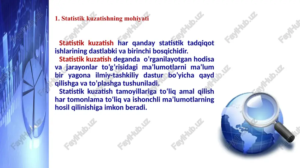 savdo korxonalarini jihozlanish darajasining bozor iqtisodiyoti talablariga javob berishi va bermasligini o’rganish uchun maxsus kuzatish o’tkazishdir. 12 statistik kuzatish to'plam birliklarini qamrab olish darajasiga qarab ikki turga bo‘linadi: statistik kuzatish yoppasiga kuzatish to’plam birliklarining barchasi kuzatiladi. masalan, o’zbekistonda 2022 yilda o’tkazilgan aholi ro’yxati, respublika fuqarolarning barchasi (qayerdaligidan qat’iy nazar) ro’yxatga olinadi. qisman kuzatish o’rganilayotgan to’plam birliklarining bir qismi kuzatishga jalb qilinadi. qisman kuzatish 4ta turga bo’linadi savollar yozilgan varaqalar kuzatish birliklariga tarqatilib, ular to’ldirilgandan so’ng yig’ishtirib olinadi va umumlashtiriladi. bunda to’plamning bir bo’lagini har tomonlama va chuqur o’rganish tushuniladi. o’rganilayotgan belgi umumiy hajmida eng salmoqli o’rin tutgan birliklar ajratib olib o’rganiladi. bosh to’plamdan bir qismini tanlab olib tekshirish tushuniladi. anketa orqali kuzatish monografik tasvirlash asosiy massivni kuzatish tanlab kuzatish statistik kuzatishning shakllari, usullari va turlari 4. statistik hisobot statistik kuzatish tashkil etilishiga qarab: statistik hisobot va maxsus uyushtirilgan statistik kuzatishlarga bo’linadi. hisobot (buxgalteriya va statistik hisobotlarga bo’linadi) statistik kuzatishning asosiy …