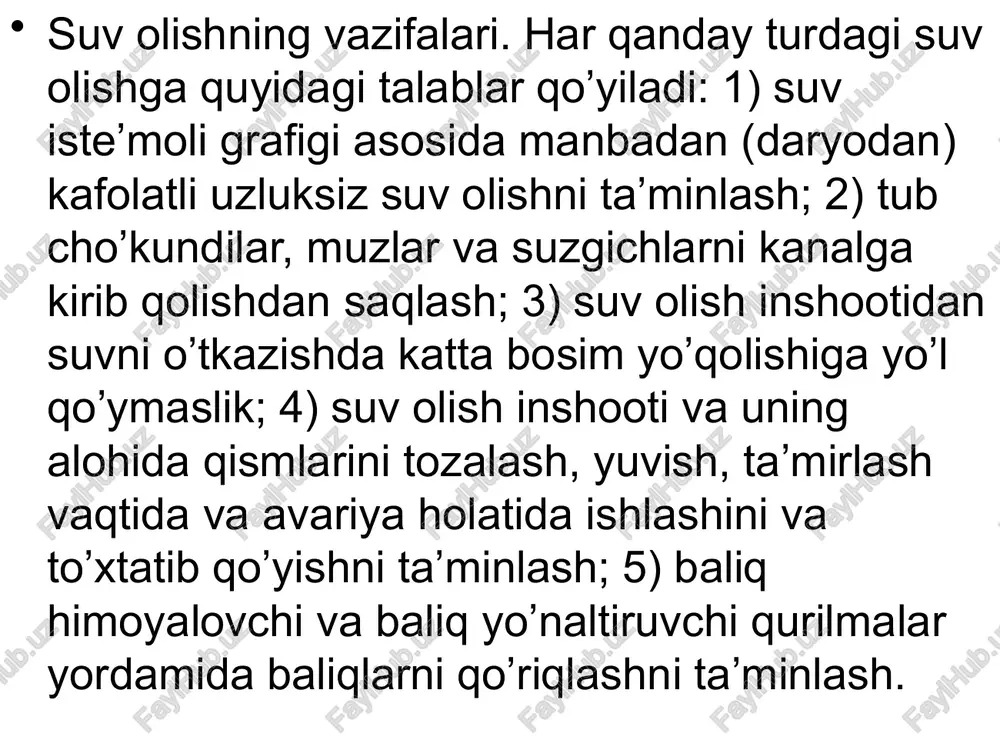 lab turishga imkon beradi, hamda daryodan suv olish koeffitsientini oshiradi; atrofdagi sug’oriladigan erlarga nisbatan suv sathini ancha yuqoriga ko’taradi va shu bilan birga bosh kanalning salt qismini qisqartiradi; bosh kanalga tub cho’kindi, shovush va muzlarning kirishiga qarshi ko’riladigan tadbirlarni ishonchli ravishda amalga oshirish uchun zamin yaratib beradi; daryoning bir joyidan ikki tomonga suv olishga imkon beradi. daryoning asosiy uchastkalari uchun tavsiya qilinadigan suv olish gidrouzellarining turlari. suv olish tuguni turlari qo’llanish oblasti keluvchi o’zan suv olish koeffitsienti, sarf alohida shartlar yon tomonga: cho’kindilarni frontal yuvuvchi daryoning tog’ oldi va tekislikdagi, ba’zida- tog’li uchastkalar. suvni bir va ikki tomonga uzatish bir tomonga suv olishda egri chiziqli, ikki tomonga suv olishda to’g’ri chiziqli ks≤0,5; sarflar chegaralanmagan; bitta suv qabul qilgich sarfi 5 m 3/s gacha ks>0,5 bo’lganda tub cho’kindilarni cho’ktirish va vaqti-vaqti bilan yuvish. daryoning sel kam bo’lgan uchastkalari, suzgichlar -ning yo’qligi tokchali cho’kindi tutgich gale- reyali yuvuvchi tirqishlar uzoqlashtirilgan oraliq devorli …