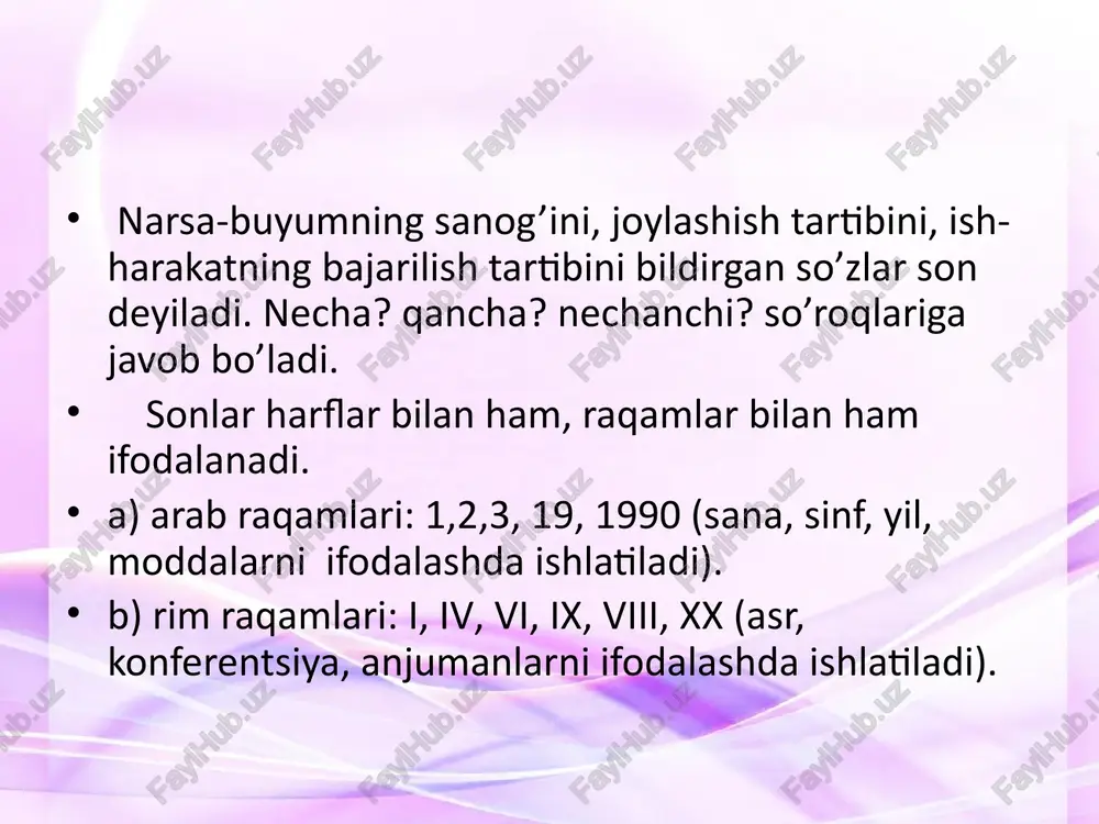 ot oldida kelganda gumon:kattakon yer o’choq oldida bir qariya chirsillab yonayotgan o’tga qarab jimgina o’tiribdi. 2. holat bildiruvchi formasi sifat,ravish, ot oldida kelganda kuchaytiradi. kuchaytirma ravishlari (juda, g’oyat, nihoyatda) kuchaytirma yuklamalar (ham, hatto) kabi. charx urib yeg’ardi. hakim bir tez yurardi, men esa zo’rg’a qadam bosardim.(s.b.) uzun tunlarning birida otam bir qiziq ertak so’zlab berdi.(s.b.) 3. 1 soni sifatlovchi sifatlanmish orasida kelganda ma’no kuchaytiradi. gulnor uchun ulug’ bir baxt shu uchrashuv bo’ldi. shunday so’zi kelsa ta’kidlash ma’nosi yanada kuchayadi: malohat ham shunday bir narsani orzu qilib yurardi. 4. ayiruv, chegaralov yuklamalari (gina, faqat) o’rnida qo’llanib, ajratib, ko’rsatib, chegaralash ma’nosini ifodalaydi: kamtarlik ham bir xislat. 5. bir son o’zi bog’lanib kelaetgan so’z bilan "hech kim", "hech qanday" olmoshlari ma’nosida ham keladi: kunlik normasini bajarmagan bir kishi qolmadi. 6. uyushiq bo’lakli gaplarda, qo’shma gaplarda bog’lovchi, ayiruv bog’lovchi vazifasini bajarishi mumkin. bir unga qaraysan, bir menga qaraysan. (uyushgan bog’lovchi) bir kattaning gapiga kir, …