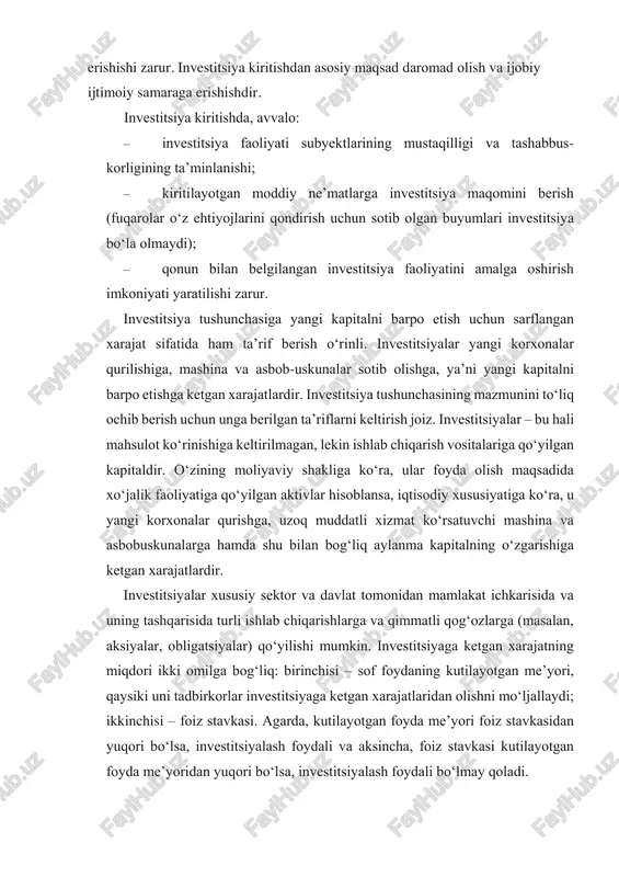 rajatning miqdori ikki omilga bog‘liq: birinchisi – sof foydaning kutilayotgan me’yori, qaysiki uni tadbirkorlar investitsiyaga ketgan xarajatlaridan olishni mo‘ljallaydi; ikkinchisi – foiz stavkasi. agarda, kutilayotgan foyda me’yori foiz stavkasidan yuqori bo‘lsa, investitsiyalash foydali va aksincha, foiz stavkasi kutilayotgan foyda me’yoridan yuqori bo‘lsa, investitsiyalash foydali bo‘lmay qoladi. investitsiya xarajatlari foyda keltirishini aniqlashda nominal foiz stavkasi emas, balki real foiz stavkasi hisobga olinadi. real foiz stavkasi narxlar darajasining o‘zgarishini aks ettirib, nominal stavkadan inflyatsiya darajasining ayirmasi ko‘rinishida aniqlanadi. masalan, nominal foiz stavkasi 16 % ga teng bo‘lsa, inflatsiya darajasi yiliga 12 %ni tashkil etsa, unda real foiz stavkasi 4 % (16–12 %)ni tashkil etadi. agar bu miqdor kutilayotgan sof foyda me’yoridan past bo‘lsa, investitsiya xarajatlari o‘sib boradi. investitsiya talabining egri chizig‘i istalgan investitsiya hajmi (i) va real foiz stavkasi miqdori (r) o‘rtasidagi bog‘liqlikni o‘rnatadi. real foiz stavkasi, ya’ni pul kapitalini qarzga olish narxi qanchalik yuqori bo‘lsa, investitsiyalashni xohlovchilar shuncha kam bo‘ladi va, …