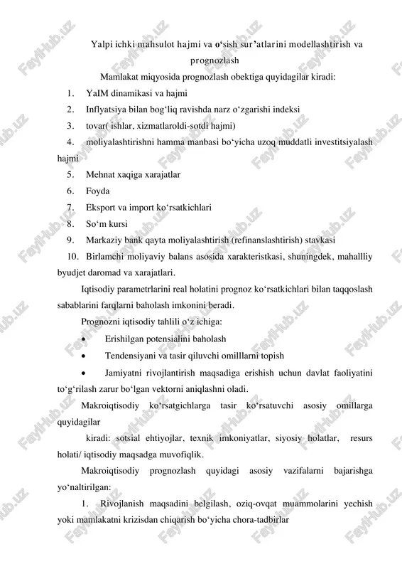 ni rejalashtirishning usuli sifatida. modellashtirish ob’ektni yoki jarayonin oldindan o‘rganish asosida modelni loyihalashtirishni, uning ahamiyatga molik tavsiflarini yoki alomatlarini ajratib olishni nazarda tutadi. prognozlashda maritsali modellar, optimal rejalashtirish modellari va omilli modellar keng tarqalgan. matritsali modellar qatoriga tarmoqlararo balans modelini kiritish mumkin. balansli tahlilning maqsadi quyidagi savolga javob berishdir: xar bir tarmoq bir tomondan ma’lum bir miqdordagi mahsulotni ishlab chiqaruvchisi sifatida yuzaga chiqadigan bir sharoitda mahsulotlarga bo‘lgan barcha ehtiyojlarni qondirish uchun xar bir tarmoqning ishlab chiqarish hajmlari qanday bo‘lishi kerak? me’yoriy usul. usulning mohiyati me’yor va nomartivlardan foydalangan holda prognozlar, rejalar, dasturlarni texnik-iqtisodiy asoslashdan iborat bo‘ladi. me’yorlar va normativlar resurslarga bo‘lgan ehtiyojlar va ulardan foydalanishdagi ko‘rsatkichlarni hisob-kitob qilish uchun qo‘llaniladi. me’yor – bu qabul qilingan o‘lchov birliklarida mahsulot birligiga sarf bo‘ladigan resursning asoslangan o‘lchovidir. normativ – bu nisbiy ko‘rsatkich bo‘lib resursdan foydalanish darajasini tavsiflab beradi. balans usuli. usulning mohiyati mamlakatning mahsulot ishlab chiqarish imkoniyatlari va uni resurslari manbai bilan turli …