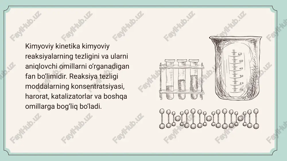 rorat va konsentratsiyani o‘zgartirib, muvozanatni kerakli yo‘nalishga siljitish mumkin. sanoat jarayonlarida qo‘llanilishi – masalan, haber jarayoni (ammiak sintezi) va sulfat kislotasi ishlab chiqarishda ishlatiladi. le chatelier prinsipi le chatelier prinsipi — tashqi ta’sir (harorat, bosim, konsentratsiya) o‘zgarganda kimyoviy muvozanat shu o‘zgarishga qarshi yo‘nalishda siljishini ifodalovchi qoida. boshqacha aytganda, agar muvozanatda bo‘lgan sistema tashqi omillar ta’sirida o‘zgartirilsa, u o‘zgarishga qarshi javob qaytarib, yangi muvozanat holatiga o‘tadi. fanga kiritilishi bu prinsipni 1884-yilda anri le shatelye (henry louis le chatelier) nomli fransuz kimyogari fanga kiritgan. u sanoat jarayonlarida kimyoviy muvozanatni boshqarish usullarini o‘rganib, muvozanatning tashqi omillarga qanday ta’sirlanishini aniqlagan. le chatelier prinsipi sanoatda, ayniqsa haber jarayoni (nh₃ sintezi), kuydirish jarayonlari (so₃ hosil qilish) va boshqa muhim texnologik jarayonlarda qo‘llaniladi. le chatelier prinsipi asosida muvozanat sharoitlari o‘zgarganda quyidagi qoidalar amal qiladi: konsentratsiya o‘zgarishi – qo‘shilgan modda sarflanish yo‘nalishiga, olib tashlangan modda esa hosil bo‘lish yo‘nalishiga siljiydi. harorat ta’siri – endotermik reaksiyada harorat oshsa oldinga, …
