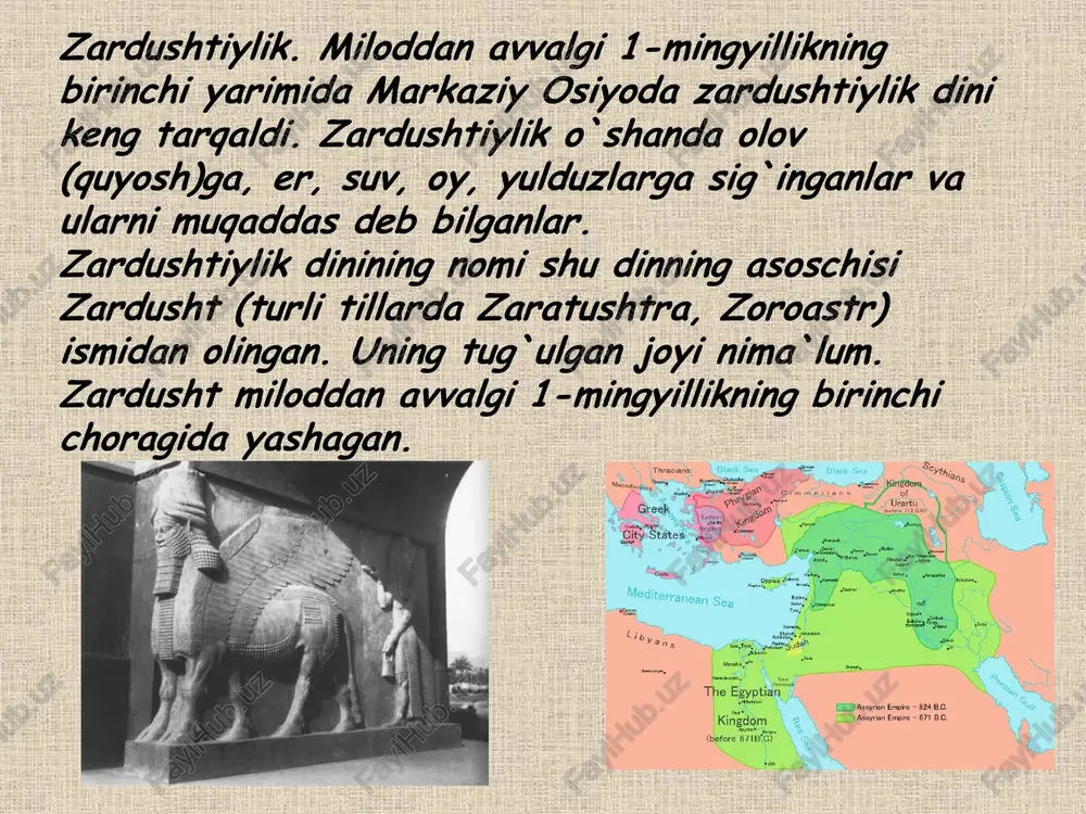 lqlarining yuksak tafakkuri maxsuli bo’lib, u faqat diniy aqidalar va ahloq meyorlari majmui bo’libgina qolmay, balki real hayot, ilmga asoslangan dunyoqarash, ijtimoiy hayotning turli sohalarini o’z ichiga oluvchi keng qamrovli murakkab bir talimotdir. zardushtiylikning ajdodlarimiz dunyoqarash tizimi sifatida o’ziga xos olamning yaralishi haqidagi kontseptsiyasi bo’lgan. bunga ko’ra, olam ikki turga bo’linadi: ilohiy va moddiy olam. bizning taqvim bo’yicha odamning vujudga kelishi navro’z arfasiga to’g’ri keladi. navro’z arafsida tabiat va odamlar harakatga keladi, olam va odamning harakati uyg’unlashadi, hayotda yangi kun – navro’z boshlanadi. shu kuni birinchi bor olov kashf qilingan va otashgohda olov yoqilgan. diniy e'tiqoddagi xilma-xillik hukmdorlarning muayyan dinni tanlashdagi erkinliklarida ham kuzatilgan. makedoniyalik iskandar va uning vorislari mintaqamizda olimpiya xudolariga sig'inishni qo'llagan bo'lsalar, kushon davlati hukmdorlari buddaviylikni qabul qilib, uni mamlakat hududida keng yoyishga harakat qilganlar. sosoniylar davlati hukmdorlari zardushtiylikni har taraflama qo'llab quvvatlaganlar. butun mamlakat hududida ko'plab olov uylari qurilgan. milodiy viii asrning boshlarida markaziy osiyoning bir …