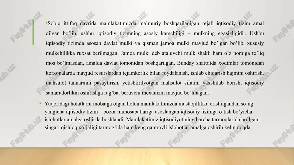 iyatlariga qarab turli bosqichlarga ajratish mumkin. bizning fikrimizcha, qishloq xo’jaligida amalga oshirilayotgan islohotlarni quyidagi asosiy bosqichlarga ajratish mumkin: 1991-1995-yillar. ushbu davr mobaynida tarmoqda amalga oshiriladigan islohotlarning huquqiy asoslari ishlab chiqildi, davlat mulkini davlat tasarrufidan chiqarish amalga oshirildi. shu yillar mobaynida davlat tasarrufidagi qishloq xo’jaligi korxonalarini xususiylashtirish tugallandi. tarmoqda faoliyat yuritib kelgan davlat xo’jaliklari va chorvachilik fermalari xususiylashtirildi. qishloq xo’jaligi tarmog’ida jamoa mulkiga asoslangan tadbirkorlik shakllariga ustuvorlik berildi. bundan tashqari, ushbu bosqichda qishloq xo’jaligi mahsulotlari yetishtirish hajmi kamayish tendensiyasida bo’lgan. chunki sobiq ittifoq davrida qo’shni respublikalar bilan o’rnatilgan iqtisodiy aloqalarning mustaqillikka erishilgandan so’ng barham topishi, mamlakatimizda yangicha iqtisodiy tizimni barpo etish bo’yicha islohotlarning boshlanishi va boshqa shu kabi omillar ta’sirida 19911995-yillar mobaynida qishloq xo’jaligi mahsulotlari yetishtirish hajmi 11 foizga kamaygan. 1996-2007-yillar. qishloq xo’jaligi tarmog’ida amalga oshirilgan islohotlarning ushbu davrida makroiqtisodiy barqarorlikni ta’minlash, iqtisodiy o’sishga erishish bilan tavsiflanadi. mamlakatimiz qishloq xo’jaligida mahsulot ishlab chiqarish hajmi 1996-yildan boshlab o’sish tendensiyasiga o’zgardi. tarmoqda faoliyat …