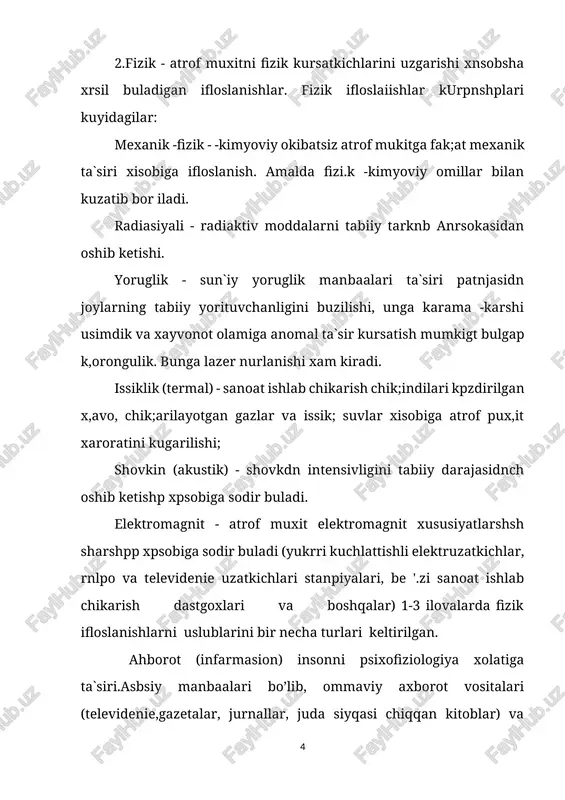 boriladi. bu laboratoriya-xar qatorida havo muhitini, suv sifatini aniqlash va agro kimevki laboratoriyalar va boshqalar. atrof tabiiy muhitni ifloslaniipptp nazorati tabiiy atrof muhitni boshqaruvini asosiy tarkibiy qismi xisoblanadi. atrof tabiiy muhitni boshqaruv usullari. atrof tabiiy muhitni boshqaruvi xozirgi zamon usullariga qo’ yida gilar kiradi: -qoiuniy (me`yoriy qonunchiliklarga asoslangan, me`yorlar yo’li bilan); -axborot - informasion (monitoring, kartetlashtirish, kadastrlar.ni olib borish, geoaxborot tizimlari); -ma`muriy (atrof muhitga ta`sirini baxolash, ekomaaik ekspertiza, ekologik audit, lisenziyalash va sertifikatlash); -iqtisodiy; atrof muhitni xolatini kompleks tizimli kuzatish asosidagi: -ekologik monitoring asos xisoblanadi. bir marotabali kuzatuvlap ob`ektlarni xolatini "bir daqiqali" kuzatuv olib boritp zarurati tug´ilganda tashkil etiladi, hamda kam ishlatiladi. a.t.m.ni kuzatishda quydagi usullar ishlatiladi: - organetik: ko’rish, eshitish, sejish, hidlab bo’lish,ta`m sezish; - hayvonotva o’simliklarni holati va hulqini kuzatish; - ko’chma hamda turg'un er usti kantaktli va masofadan turib foydalaniladigan kerakliy ko’rsatkichlarni hisoblovchi jihozlarni ishlatish; - ko’chma hamda turg'un er usti kontaktli va masofadan turib foydalaniladigan hamda …