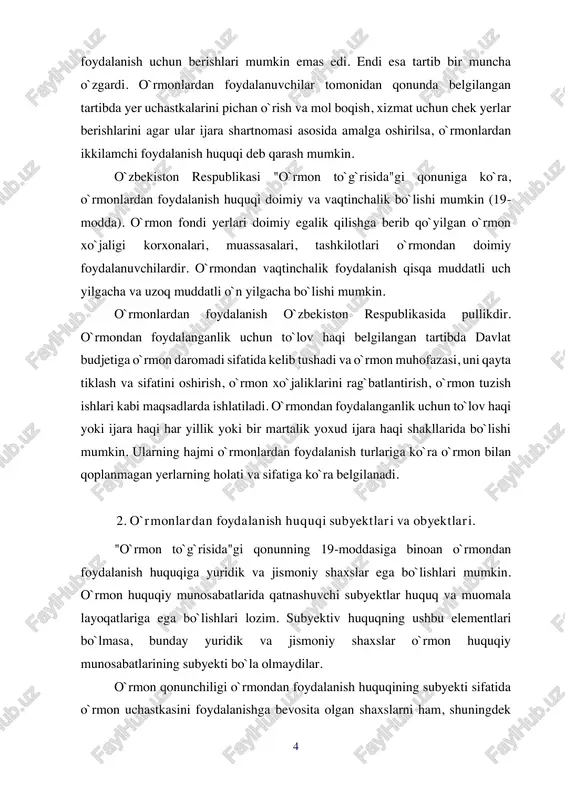 ektlari va obyektlari. "o`rmon to`g`risida"gi qonunning 19-moddasiga binoan o`rmondan foydalanish huquqiga yuridik va jismoniy shaxslar ega bo`lishlari mumkin. o`rmon huquqiy munosabatlarida qatnashuvchi subyektlar huquq va muomala layoqatlariga ega bo`lishlari lozim. subyektiv huquqning ushbu elementlari bo`lmasa, bunday yuridik va jismoniy shaxslar o`rmon huquqiy munosabatlarining subyekti bo`la olmaydilar. o`rmon qonunchiligi o`rmondan foydalanish huquqining subyekti sifatida o`rmon uchastkasini foydalanishga bevosita olgan shaxslarni ham, shuningdek 5 o`rmondan qonunga binoan foydalanish huquqi bo`la turib, amalda bu huquqdan foydalanmayotgan shaxslarni ham tan oladi. shunday qilib, o`rmondan foydalanish huquqi subyekti bo`lib o`rmon huquq layoqatiga ega bo`lgan shaxslar garchi qonunga binoan o`rmondan mavhumiy foydalanish huquqiga ega bo`lsalarda tan olinishi mumkin ekan. demak, o`rmondan foydalanish huuqining realligi asosida bu huquqni amalga oshiruvchilarni ikkiga bo`lish mumkin. "o`rmondan foydalanuvchi" va "o`rmondan foydalanish huqui subyekti". yuridik va jismoniy shaxslar o`rmondan foydalanayotgan bo`lishlaridan qat'i nazar, agar ular huquq va muomala layoqatiga ega bo`lsalar o`rmondan foydalanish huquqining subyektlari hisoblanadilar. o`rmondan foydalanish huquqi subyektlari ichiga …