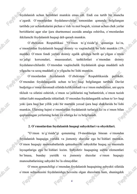 ri va obyektlari. "o`rmon to`g`risida"gi qonunning 19-moddasiga binoan o`rmondan foydalanish huquqiga yuridik va jismoniy shaxslar ega bo`lishlari mumkin. o`rmon huquqiy munosabatlarida qatnashuvchi subyektlar huquq va muomala layoqatlariga ega bo`lishlari lozim. subyektiv huquqning ushbu elementlari bo`lmasa, bunday yuridik va jismoniy shaxslar o`rmon huquqiy munosabatlarining subyekti bo`la olmaydilar. o`rmon qonunchiligi o`rmondan foydalanish huquqining subyekti sifatida o`rmon uchastkasini foydalanishga bevosita olgan shaxslarni ham, shuningdek o`rmondan qonunga binoan foydalanish huquqi bo`la turib, amalda bu huquqdan foydalanmayotgan shaxslarni ham tan oladi. shunday qilib, o`rmondan foydalanish huquqi subyekti bo`lib o`rmon huquq layoqatiga ega bo`lgan shaxslar garchi qonunga binoan o`rmondan mavhumiy foydalanish huquqiga ega bo`lsalarda tan olinishi mumkin ekan. demak, o`rmondan foydalanish huuqining realligi asosida bu huquqni amalga oshiruvchilarni ikkiga bo`lish mumkin. "o`rmondan foydalanuvchi" va "o`rmondan foydalanish huqui subyekti". yuridik va jismoniy shaxslar o`rmondan foydalanayotgan bo`lishlaridan qat'i nazar, agar ular huquq va muomala layoqatiga ega bo`lsalar o`rmondan foydalanish huquqining subyektlari hisoblanadilar. o`rmondan foydalanish huquqi subyektlari ichiga davlat …