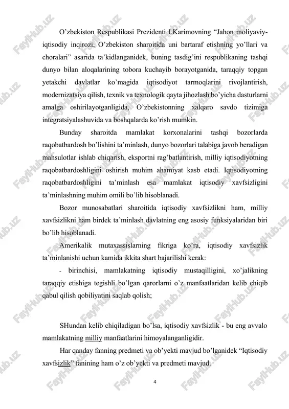 da tashkil etiladigan institutlarni o’rganish ushbu fanning predmeti bo’lib hisoblanadi. milliy iqtisodiyot va unda amalga oshadigan jarayonlar “iqtisodiy xavfsizlik” fanining ob’yektini tashkil etadi. davlat, jamiyat va shaxsning muhim hayotiy manfaatlaridan kelib chiqqan holda mamlakat iqtisodiy xavfsizligini ta’minlash borasida nazariy va amaliy bilimlar berish fanning maqsadi bo’lib hisoblanadi. iqtisodiy xavfsizlik ko’rsatkichlari (indikatorlari) mamlakatning iqtisodiy xavfsizligi holati mezon va ko’rsatkichlar tizimi orqali baholanadi. makro va mikro darajada iqtisodiy xavfsizlikka bo’ladigan tahdidlarni tahlil qilish va bashoratlashda iqtisodiy xavfsizlikning mingdan ziyod ko’rsatkichlaridan foydalaniladi. lekin shularning ichida 19 ta indikatordan foydalanish maqsadga muvofiq deb hisoblaniladi. bu indikatorlar iqtisodiyotning real va moliyaviy sektorlarida va ijtimoiy sohada iqtisodiy xavfsizlikning muhim jihatlarini ifodalaydi. 19 ta indikatorning xususiyatlaridan biri ular orasidagi o’zaro bog’liqlikdir. iqtisodiy xavfsizlikning mezon va ko’rsatkichlari asosida iqtisodiy tizimning amal qilishidagi tahlikali chegaralar belgilanadi. ko’rsatkichlar tahlikali chegaralar sifatida qabul qilingan birliklardan chekingan holatlarda tizim izchil rivojlanishga bo’lgan qobiliyatini, ichki va tashqi bozorlarda raqobatbardoshligini yo’qotib boradi, transmilliy korporatsiyalarning …