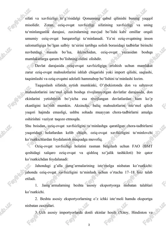g’armalarning beshta asosiy eksportyorga nisbatan talablari ko’rsatkichi. 2. beshta asosiy eksportyorlarning o’z ichki iste‘moli hamda eksportga nisbatan zaxiralari. 3. uch asosiy importyorlarda donli ekinlar hosili (xitoy, hindiston va mdh mamlakatlari). 4. kam daromadli va oziq-ovqat tanqis bo’lgan mamlakatlarda (kdotm) donli ekinlar yetishtirilishi hajmi. 5. xitoy va hindistondan boshqa kdotmlarda yetishtirilgan mahsulot. o’zbekistonda oziq-ovqat sanoatini rivojlantirish omillari o’zbekiston mustaqillikning dastlabki yillaridan ijtimoiy yo’naltirilgan bozor iqtisodiyotiga asoslangan huquqiy demokratik davlat qurish, barcha sohalarda keng ko’lamli izchil islohotlarni amalga oshirish bo’yicha o’zining tadrijiy taraqqiyot yo’lini tanladi. bunda aholini to’g’ri ovqatlanish me‘yorlariga mos, yuqori sifatli va xavfsiz oziq-ovqat mahsulotlari bilan ta‘minlash mamlakatimizni ijtimoiy-iqtisodiy rivojlantirishning asosiy yo’nalishlaridan biri etib belgilandi. shu munosabat bilan fermer xo’jaliklarini rivojlantirish asosida iqtisodiy islohotlarni kuchaytirish, qishloqda ishlab chiqarish munosabatlarini takomillashtirish, boshqaruvning bozor tamoyillariga mos tashkiliy tuzilmasini joriy etish, qishloq xo’jaligi mahsulotlari ishlab chiqaruvchilarning mustaqilligini kengaytirish va ularning huquqiy himoyasini ta‘minlashga doir chora-tadbirlar amalga oshirildi. o‘zbekiston respublikasini birinchi prezidenti 1991 yil …