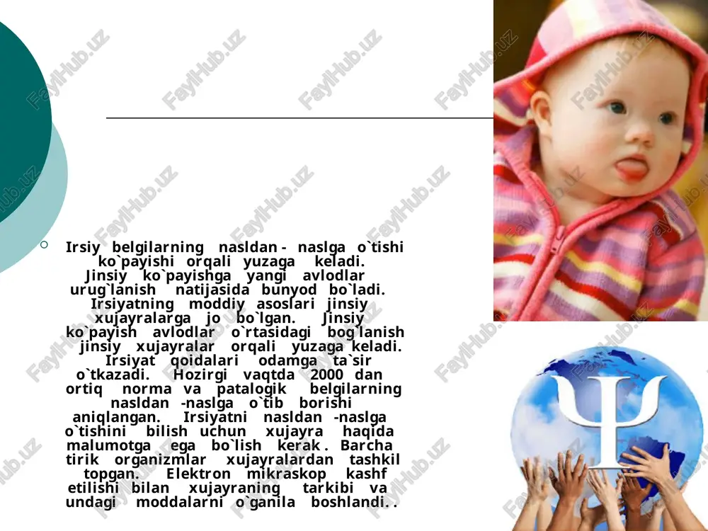 oq, ruxiy va jismoniy jihatdan noraso bo`ladi. ichilgan ichimlik tezda qonga o`tib badanning barcha a`zolariga kirib boradi. u asab to`qimalarina ishdan chiqaradi. markaziy nerv sistemasi faoliyati izdan chiqaradi. ichkilikboz ota-onalarning bolalari tutqanoq, ruxiy kasalliklak va tug`ma nogiron bo`lib tug`iladi. daun kasalligi. odamning xromasoma to`plamida bitta ortiqcha xromasoma bo`lib, diploid to`plamida ularning soni 47 taga borib qoladi. bu daun kasalligidir. u tug`ma aqliy qoloqlik bo`lib jismoniy jihatdan rivojlanishda kamchilik bo`ladi. daun kasalligining tashqi belgilari: boshning dumaloq, kichikroq bo`lish va ensaning yassi tortib qisqarib qolgani, liqqildoqlarninig kech bekilishi. peshonaning tekis tor bo`lib, sochli joyi chegarasining past turishi. ko`z tirqishlarining tor bo`lib, qiyshiqroq turishi. burunning kalta asosining kengayganligi. og`izning yarim ochiq turishi, tilning qalin tortib ko`ndalangiga ketgan chuqur –chuqur egatchalari borligi. quloq supralarining kichkinaligi. qo`l barmoqlari yo`g`on, yassi, kalta va qiyshaygan. image3.jpeg image4.jpeg image5.jpeg image6.jpeg image7.jpeg image8.jpeg image9.jpeg image10.jpeg image11.jpeg image12.jpeg image13.jpeg image14.jpeg image2.jpeg /docprops/thumbnail.jpeg