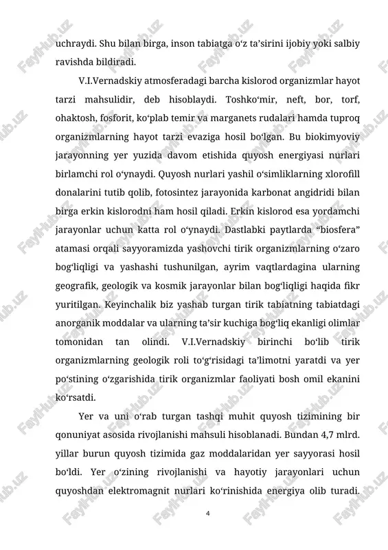 mlari kiradi. bu chuqurlikdagi neft qatlami suv tarkibida hamda yuqorida ozon ekranigacha bo‘lgan chegaralar oralig‘ida tirik mikroorganizmlar uchraydi. inson ham biosferaning tarkibiy qismidir. buyuk olim j.b.lamark (1744-1829) yer po‘stining shakllanishi va rivojlanishida tirik organizmlarning o‘rni juda katta ekanligini ko‘rsatgan. olimning ta’rificha, yer yuzasidagi va uning po‘stlog‘ini tashkil qiluvchi barcha narsalar tirik organizmlarning uzluksiz harakati tufayli hosil bo‘lgan. biosfera tabiatning aniq tizimi bo‘lib, uning borligi energiya va moddalar aylanishi tirik organizmlar ishtirokida kechishini ko‘rsatadi. nemis fiziologi pfefr (1845-1920) biosferani tushunishning aniq yo‘lini uch xil tirik – avtotrof, geterotrof, miksotrof organizmlar bilan ko‘rsatadi. biosferaning rivojlanishiga qator olimlar k.a.timiryazev, v.r.vilyams, b.b.polonov, n.i.vavilov, v.n.sukachev, a.loparin, a.p.vinogradov va ayniqsa v.i.vernadskiylar katta hissa qo‘shgan. biosfera mavjudligining asosi unda modda va energiya almashinuvidir. unda organizmlar va ularning hayot muhiti o‘zaro bog‘lanishda bo‘lib, bir butun organik harakatdagi tizimni vujudga keltiradi. biosferaga xos xususiyatlar quyidagilar: tirik moddalarning qatnashishi, suyuq holdagi ko‘p miqdordagi suvning mavjudligi, kuchli quyosh energiyasi oqimi hamda …