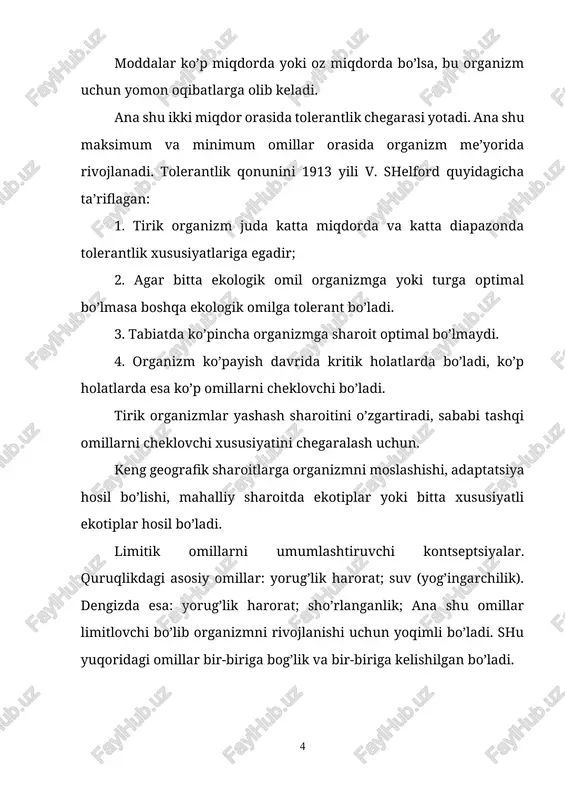 r ekan. bir insonni mahsulot bilan to’liq ta’minlash uchun 0,6 ga maydon kerak. bir insonni boshqa ehtiyojlari uchun (yog’och, qog’oz) 0,4 ga kerak.. agar shu sharoitlar bajarilsa 1 mlrd. inson ta’minlanar edi. ammo, hozir yer yuzida 6 mlrd. 407 mln. axoli yashaydi. insonlar o’z extiyojini qondirish uchun qishloq xo’jalik ekinlaridan ko’proq xosil olishi zarur bo’ladi, bu esa kimyoviy o’g’itlarni bir necha bor ko’p ishlatishga to’g’ri keladi va yana o’z navbatida ko’proq atrof-muhitni ifloslantiradi. 1. raqobatni cheklovchi qonun: bu qonunga muvofiq ikkita bir xil istiqomat qiluvchi, ya’ni “ekologik nisha” uzoq vaqt bir ekotizimda yashay olmaydi. qanday turni g’alaba qilishi tashqi omillarga bog’liq bo’ladi. bunda asosan o’sha populyatsiyani o’sishi, ko’payishi katta rol o’ynaydi. raqobatni cheklovchi qonunlar insonlar hayot tarzida va insonlar jamiyatida ham uchrab turadi. inson o’zining yashab turgan joyidan ketishni hohlamaydi. yer sharini boshqa joylari aholi bilan zich. yashash uchun, xomashyo uchun kurash kabi illatlar kelib chiqadi. o’z navbatida a.gitler o’zining …