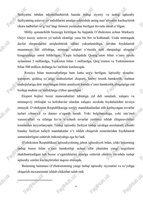 blikasiga xorijiy mamlakatlardan olib kirilayotgan tovarlar turlari xilma-xil va doimo o‘zgarib turadi. yoki belgilanishiga, yoki iste’mol xususiyatlari va sifatiga ko‘ra o‘xshash tovarlar yurtimiz ishlab chiqaruvchilari tomonidan tayyorlanyapti. tashqi iqtisodiy faoliyat tashqi savdoga asoslanadi, chunki bunday faoliyat tufayli mamlakatlar o‘z ishlab chiqarish resurslaridan foydalanish samaradorligini oshirish imkoniyatiga ega bo‘ladi. o‘zbekiston respublikasi iqtisodiyotining jahon iqtisodiyoti bilan, ichki bozorning tashqi bozor bilan o‘zaro hamkorligi uchun sifat jihatidan yangi negizlarni shakllantiradigan tub bozor o‘zgarishlarini amalga oshirish obektiv ravishda tashqi iqtisodiy omilni kuchaytirishni taqozo etmoqda. bularning hammasi o‘zbekistonning yangi tashqi iqtisodiy siyosatini va ro‘yobga chiqarish mexanizmini ishlab chikishni talab etdi. ma’lumki, xvi-xix asrlar davomida buyuk geografik kashfiyotlar, sanoat to‘ntarilishi va yaxlit milliy davlatlarning vujudga kelishi tashqi savdo operatsiyalari hajmi va nomenklaturasini sezilarli kengayishiga sabab bo‘ldi. shu sababli ham xalqaro savdo nazariyalariyalarini o‘rganishga katta e’tibor qaratildi. tashqi savdo xalqaro mehnat taqsimoti asosida paydo bo‘ladigan turli davlatlar tovar ishlab chiqaruvchilari o‘rtasidagi aloqalarning bir shakli bo‘lib, u mamlakatlar …