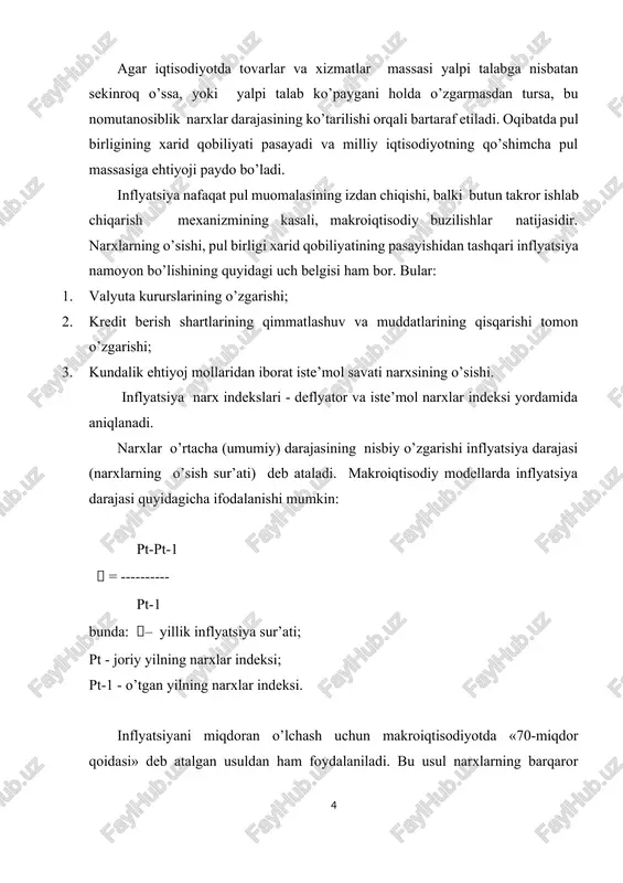 alaniladi. misol uchun, yillik inflyatsiya darajasi 7 % ga teng bo’lsa, taxminan 10 yilda narxlar ikki martaga oshadi, ya’ni, (70:7 = 10). inflyatsiyaning turlari. talab va taklif inflyatsiyasi odatda inflyatsiyani ikki xilga talab inflyatsiyasi va taklif inflyatsiyasiga ajratiladi. talab inflyatsiyasi - bu iqtisodiyotda talab keskin oshib ketishi va uni ishlab chiqarishning real hajmi bilan qondirish mumkin bo’lmay qolgan sharoitlarda kelib chiqadi. ya’ni, to’liq bandlilikka yaqin sharoitda iqtisodiyotning ishlab chiqarish imkoniyatlari o’sib borayotgan yalpi talabni qondirolmaydi. ortiqcha talab esa real tovarlar narxining ko’payishiga iqtisodiy bosim beradi va talab inflyatsiyasi kelib chiqadi. yoki, oddiy so’zlar bilan aytganda, «xaddan ziyod pullar haddan kam tovarlarni ovlaydi». talab inflyatsiyasini keltirib chiqaruvchi asosiy sabablar aholining ish bilan to’liq bandligi va ish haqining oshib borishi hisoblanadi. demak, inflyatsiya talab, taklif, ish bilan bandlik, narx, ishlab chiqarish sur’atlari kabi ko’pgina omillarga bog’liq. iqtisod pasayish holatida bo’lganda mamlakatda jami talab oshsa, ishlab chiqarish hajmi ko’payadi, ishsizlik kamayadi, narx darajasi …