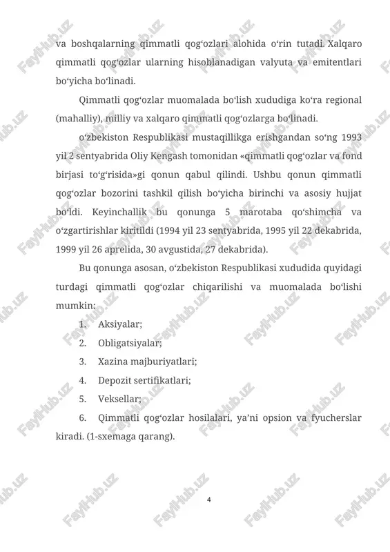 omala muddati to‘gaganidan keyin qo‘ygan pul mablag‘ini hamda foyda sifatida ustama foizini huquq va imkoniyatini beruvchi qimmatli qog‘ozdir. depozit sertifikati bank tomonidan beriladi. veksel - qarz majburiyati bo‘lib, veksel beruvchining ushbu vekselni ko‘rsatilgan muddatda taqdim etganda, veksel ushlovchiga uning nominal qiymatini to‘lab berish guvohini beruvchi qimmatli qog‘oz va to‘lov vositasidir. qimmatli qo§ozlar hosilalari – bular shunday qimmatli qog‘ozlarki, ularning foydasi yoki zarari bir nechta bozor ko‘rsatkichlari bilan, ya’ni bozor indekslari bilan bog‘liqdir. qimmatli qog‘ozlar xosilalari – «opsion» yoki «fyucherslar» ko‘rinishida bo‘ladi. konosament – yuk tashuvchi tomonidan yuk egasiga, yukni dengiz orqali olib o‘tishga qabul qilinganligini guvohlovchi va yuk qabul qiluvchiga yukni etib borish portida taqdim qilish majburiyatini tasdiqlab beruvchi hujjatdir. hozirgi davrga kelib qimmatli qog‘ozlara qo‘yilmalar tobora ko‘payib bormoqda. yangi va yosh davlatlarda aksionerlashtirish va mulkni davlat tasarrufidan chiqarish, korxona va tashkilotlarni akutsionerlik jamiyatlarga aylanishi va ular tomonidan har xil qimmatli qog‘ozlarni muomalaga chiqarishlari, shu bilan birgalikda fond bozorlarini rivojlanishiga …
