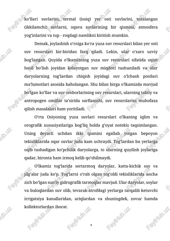 adi. hozirgi vaqtda mintaqa suv xo’jaligi tizimlarida ko’pgina yechilmagan muammolar mavjud. bu muammolar davlatlararo suv zahiralarini boshqarish, suvdan foydalanish samaradorligini oshirish, suv sifatini yaxshilash, xo’jaliklararo suv taqsimotini takomillashtirish kabilardir. bu muammolarni yechish - mintaqa suv zahiralarini samarali boshqarish tizimini yaratish, suv tejovchi va muhofaza qiluvchi texnologiyalarni joriy qilishni taqozo etadi. suv resurslaridan foydalanish samaradorligini tadqiqot obyekti sifatida tanlaganimiz pastdarg’om tumani fermer xo’jaliklari misolida tahlil qilamiz. tadqiqotimiz maqsadi suv resurslaridan samarali foydalanish yo’llarini tahlil qilgan holda yildan yilga kuchayib borayotgan suv tanqisligi davrida ishlab chiqarishga ilmiy taklif va amaliy tavsiyalar berishdan iborat. kurs ishini bajarish davomida quyidagi vazifalarni belgilab oldik: - fermer xo’jaliklari resurslari salohiyatini tahlil qilish; - suv resurslaridan samarali foydalanish va ulardan foydalanishni tashkil etish yo’llari tahlilini ko’rib chiqish; - suv resurslaridan foydalanish samaradorligiga ta’sir etuvchi etuvchi omillar tahlili; - suvdan foydalanishda yangi texnologiyalar qo’llanishini ko’rib chiqish; - suv resurslaridan foydalanish samaradorligi va ulardan foydalanishni tashkil etishni oshirish yo’llarini …
