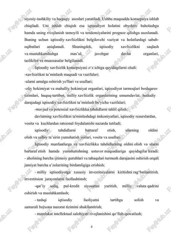lish va samarali bojxona nazorat tizimini shakllantirish; - mamlakat intellektual salohiyati rivojlanishini qo‘llab-quwatlash; - mamlakat hududlarini ijtimoiy-iqtisodiy rivojlantirish, ular o'rtasidagi o‘zaro hamkorlik aloqalarini kuchaytirish orqali ichki iqtisodiy maqomini mustahkamlash; -xo'jalik subyektlarining xalqaro bozorlarga chiqishdagi mustaqilligi va erkinligini ta’minlash. shuni aytib o'tish joizki, iqtisodiy xavfsizlikni ta’minlashda iqtisodiy vosita va chora-tadbirlar bilan bir qatorda korrupsiya, tashkiliy jinoyatchilikka, xufyona iqtisodiyotga qarshi siyosiy- huquqiy, iqtisodiy, tashkiliy tavsifdagi chora- tadbirlar, vositalardan ham foydalaniladi. bunda iqtisodiy boshqaruv organlari huquq-tartibot. milliy xavfsizlik xizmati, chegara, bojxona organlari bilan birgalikda faoliyat yuritadilar. iqtisodiy xavfsizlikni ta'minlash uchun asosiy shart- sharoitlar quyidagilarda o‘z ifodasini topadi: -aholining sivilizatsion ehtiyojlari me'yorida yashash imkoniyatining yaratilishi. bu kishilar uchun tanlash erkinligi hamda uzoq muddat mehnat qobiliyatini saqlagan holda faoliyat yuritish huquqi va majburiyatini ifodalaydi. buning uchun bozorning o'z-o'zini tartiblash va iqtisodiyotni davlat tomonidan tartiblash mexanizmlari uyg'unligini ta’minlashga xizmat qiluvchi resurs, energetik. transport, ishlab chiqarish va bozor infrastrukturalari shakllantiriladi; - xotiijam yashash imkoniyatlarining yaratilishi. buning uchun …