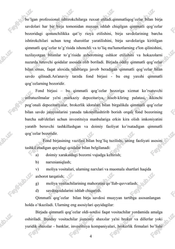 savdoqoidalarini ishlab chiqarish. qimmatli qog’ozlar bilan birja savdosi muayyan tartibga asosanlangan holda o’tkaziladi. ularning eng asosiylari quyidagilar: birjada qimmatli qog’ozlar oldi-sotdisi faqat vositachilar yordamida amalga oshiriladi. bunday vositachilar jismoniy shaxslar ya'ni broker va dillerlar yoki yuridik shaxslar - banklar, investitsiya kompaniyalari, brokerlik firmalari bo’lishi mumkin. ularning ishonchnomalari bilan brokerlar va dillerlar harakat qiladi. vositachilar mijozdan qimmatli qog’ozlarni sotib olish yoki sotish uchun beriladigan buyurtmani bajaradi yoxud keyin yana sotish maqsadida o’z xisoblaridan qimmatli qog’ozlarni sotib oladi. fond birjasiga qimmatli qog’ozlarni etkazib berish shart emas.chunki qimmatli qog’ozlar mavjudligini ularning miqdorva sifatini tavsiflaydigan sertifikat - xujjatlar tasdiqlaydi. fond birjasida qimmatli qog’ozlarning duch kelgan miqdori sotilavermaydi: savdo bu yerda lotlar bilan, ya'ni umumiy qabul kilingan miqdorda sotiladi. boshkacha qilib aytganda, fond birjasi ulgurji savdo shaklidir. fond birjasida «varaq» kotirovka ro’yxatiga kiritilgan qimmatli qog’ozlargina sotiladi.aksiyalarni bunday ruyxatga kiritish listing deyiladi. listing - qimmatliqog’ozlarni birjaga kiritish taomilidir. fond birjasida narxlar oshkora quyiladi, bu haqda zaldagi …