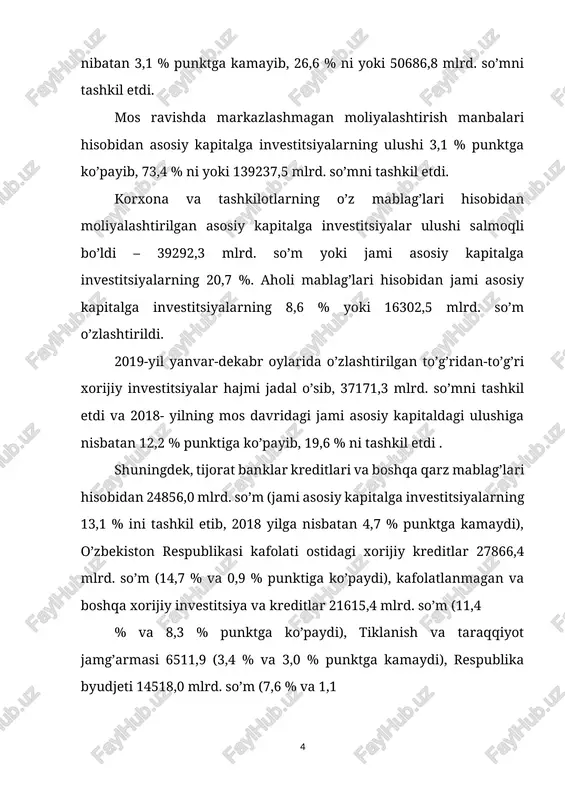 onlarida qidiruv ishlarini yakunlash va ishlar olib borish, o’zbekiston respublikasi investitsiya bloklarida (kultak-qamashi, muborak, surxon, ashibuloq va koskud, g’arbiy farg’ona investitsiya bloklari) neft-gaz konlariga ishlov berish va geologik qidiruv ishlarini amalga oshirish, hududlarda sement ishlab chiqarishini tashkil etish, to’qimachilik mahsulotlarini ishlab chiqarishni tashkil etish kabi yirik investitsiya loyihalarining jadal o’zlashtirilgani bilan bog’liq. kafolatlanmagan xorijiy kreditlar hisobidan 2017-2021 yillarda uglevodorodlarni qazib chiqarishni ko’paytirish bo’yicha dastur doirasidagi investitsiya loyihalar, basalt toshidan mineral plitalar ishlab chiqarish majmuasini tashkil etish kabi yirik loyihalar amalga oshirilmoqda. hududlar kesimida moliyalashtirish manbalari bo’yicha asosiy kapitalga investitsiyalar toshkent shahriga yo’naltirilgan (o’sish sur’ati 142,5%). shuningdek investitsiyalarning asosiy hajmi qashqadaryo va navoiy viloyatlariga yo’nlatirilgan. hududlar kesimida asosiy kapitalga investitsiyalar o’zlashtirilishi bo’yicha 2018 yilga nisbatan eng yuqori o’sish sur’ati 95,2 % ga o’sib jizzax viloyatida kuzatildi. bu asosan sement zavodi qurilishi bilan bog’liq. shuningdek, sirdaryo viloyatida ham yuqori o’sish surati kuzatilib, 2018 yilga nisbatan 194,3 % ni tashkil qildi. bunday natijani …