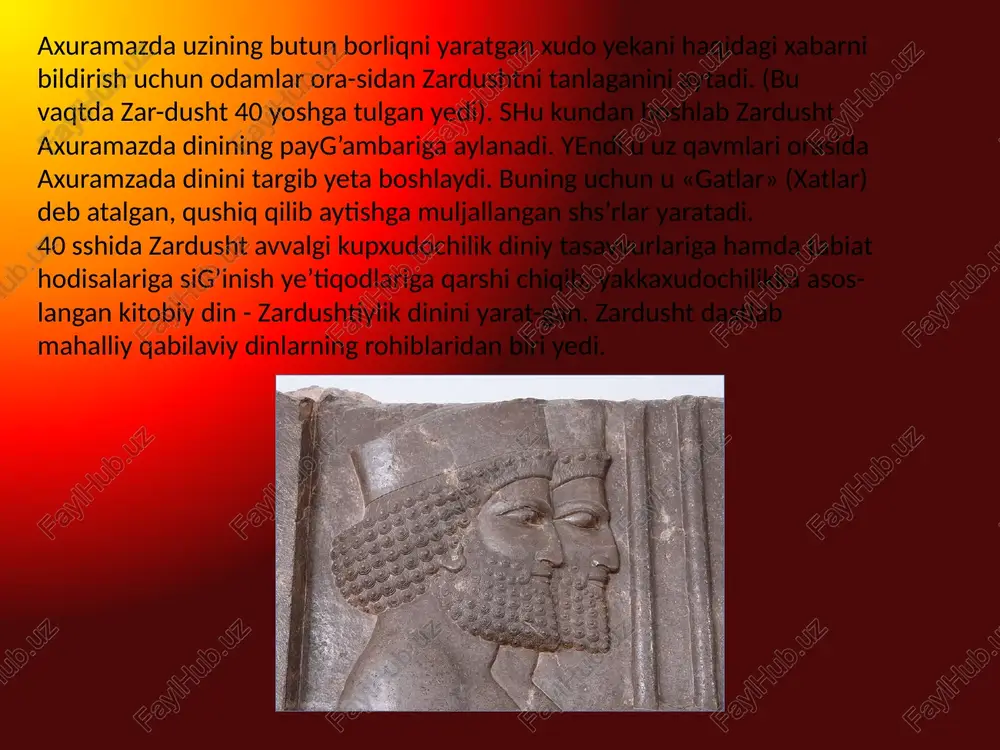 sto» to’la saqlanmagan. uning 21 kitobidan diniy marosimlar uchun yeng za-rur deb hisoblangan, odatda, asosan, diniy jamoa-larda ed olinadigan qismlarigina saqlangan, xo los. biz yuqorida «avestoshshg tiklangan kitoblari haqida qayd yetib o’tgan yedik. bu tiklangan (4 ta kitob) kitoblarning birinchisi «vadovdot» (devlar-ga qarshi qonun) deb ataladi. u 22 bob bulib, asosan zardusht bilan axuramazdaning savol-javoblari va muloqotlaridan iborat. ikkinchi kitob «yosin» deb ataladi va uning mazmunini asosan zardushtning xat-lari (nomalari) eki gatlari tashkil yetadi. u 72 «ha», ya’ni bashoratdan iboratdir. birinchi bashoratda ta-biat va halolliklar hukmdori, hamma narsani bila-digan va hamma narsaga qodir axuramazdaning vahiylari haqligiga iymon keltirishga doir duolar mavjuddir zardushtiylik ta’limoti bu dinning ta’limotiga ko’ra, xudo axuramazda «oliy ibtido»dir. u hamma mavjudotni yaratuvchi va boshqaruvchi oliy ruh. uning na xotini, na farzand-lari bor. axuramazdaning 6 nafar yeng yaqin erdamchisi bulgan. bular — vohu manah (yezgu fikr) poda va chorvani boshqargan; asha vahishta (yuksak haqikat) olovni boshqargan; xshatra varya …