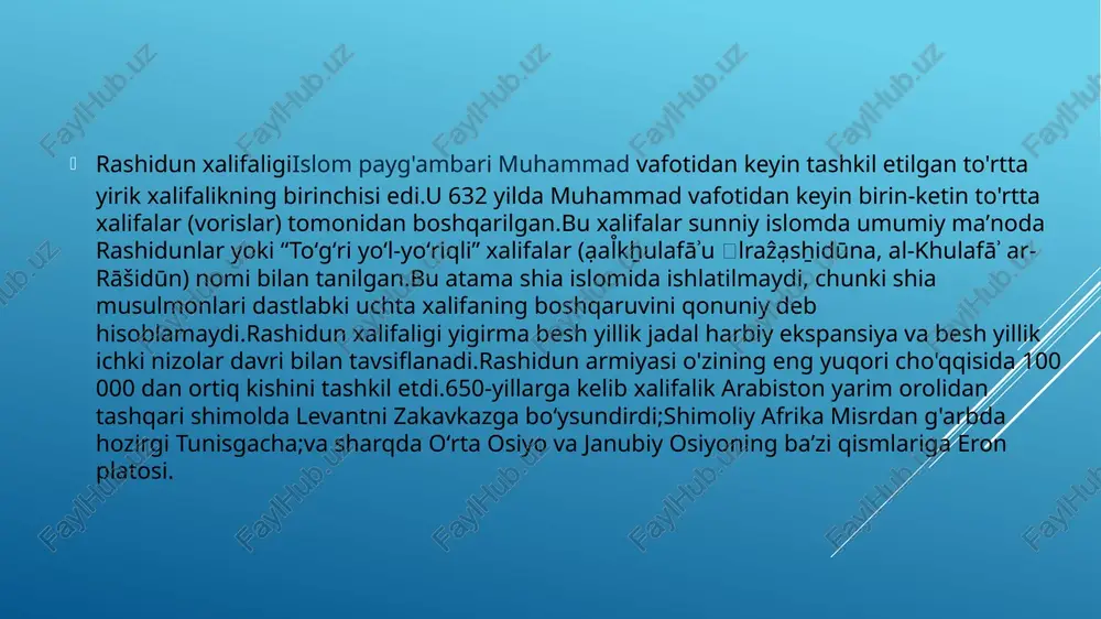 ga (o‘sha paytda sosoniylar viloyati asoriston nomi bilan atalgan; taxminan hozirgi iroqqa to‘g‘ri kelardi) bostirib kirgach, sosoniylar hududiga hujum qilishdi.xolidning levantdagi vizantiya frontiga koʻchirilishi ortidan musulmonlar oxir-oqibat sosoniylarning qarshi hujumlari natijasida oʻz mulklarini yoʻqotdilar.musulmonlarning ikkinchi istilosi 636 yilda sa'd ibn abu vaqqos davrida boshlandi, o'shanda al-qadisiyya jangidagi muhim g'alaba zamonaviy eronning g'arbida sosoniylar nazoratini butunlay yo'q qilishga olib keldi.keyingi olti yil davomida tabiiy to‘siq bo‘lgan zagros tog‘lari rashidun xalifaligi va sosoniylar imperiyasi o‘rtasidagi chegarani belgilab turdi. umar medina saudi arabia umar ibn al-xatob ikkinchi roshidun xalifasi boʻlib, 634-yildan 644-yilgacha oʻldirilishigacha hukmronlik qilgan. 634-yil 23-avgustda abu bakr (632–634) oʻrniga rashidun xalifasi boʻlgan. islom payg'ambari muhammadning qaynonasi.u oʻzining taqvodor va adolatli tabiati bilan mashhur musulmon huquqshunosi boʻlgan va bu unga al-farouq (“(toʻgʻri va notoʻgʻrini ajratuvchi”) laqabini olgan.adi qabilasining hakami bo'lgan umar dastlab uning uzoq qurayshid qarindoshi muhammadga qarshi chiqdi.616-yilda islomni qabul qilganidan so‘ng u ka’bada ochiq namoz o‘qigan birinchi musulmon bo‘ldi.umar o'z …