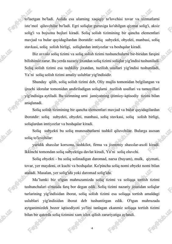 n daromad, narsa (buyum), mulk, qiymati, tovar, yer maydoni, ot kuchi va boshqalar. ko'pincha soliq nomi obyekt nomi bilan ataladi. masalan, yer solig'ida yoki daromad solig'ida. ma’lumki biz o'tgan mahruzamizda soliq tizimi va soliqqa tortish tizimi tushunchalari o'rtasida farq bor degan edik. soliq tizimi nazariy jixatidan soliqlar turlarining yig'indisidan iborat, soliq solish tizimi esa soliqqa tortish amaldagi uslublari yig'indisidan iborat deb tushuntirgan edik. o'tgan mahruzada aytganimizdek bozor iqtisodiyoti yo'lini tanlagan ekanmiz soliqqa tortish tizimi bilan bir qatorda soliq tizimini xam islox qilish zaruriyatiga aylandi. o'zbekiston respublikasining 1992 yil 14 yanvarda qabul qilingan "korxonalar, birlashmalar va tashkilotlarning soliqlari to'g'risida" gi qonunga binoan 1992 yildan boshlab yangi soliq tizimi joriy etildi. bu tizimning shu davrgacha amal qilgan tizimdan tub farqi shundaki respublikamiz xududida ayrim soliq turlari bekor qilinib, ularning qrniga yangilari kiritildi. 1992 yilgacha 62 yil davomida o'zgarmasdan xizmat qilgan korxona va tashkilotlarning asosiy salmog'i bo'lgan oborot solig'i qrniga qo'shilgan qiymat solig'i, …