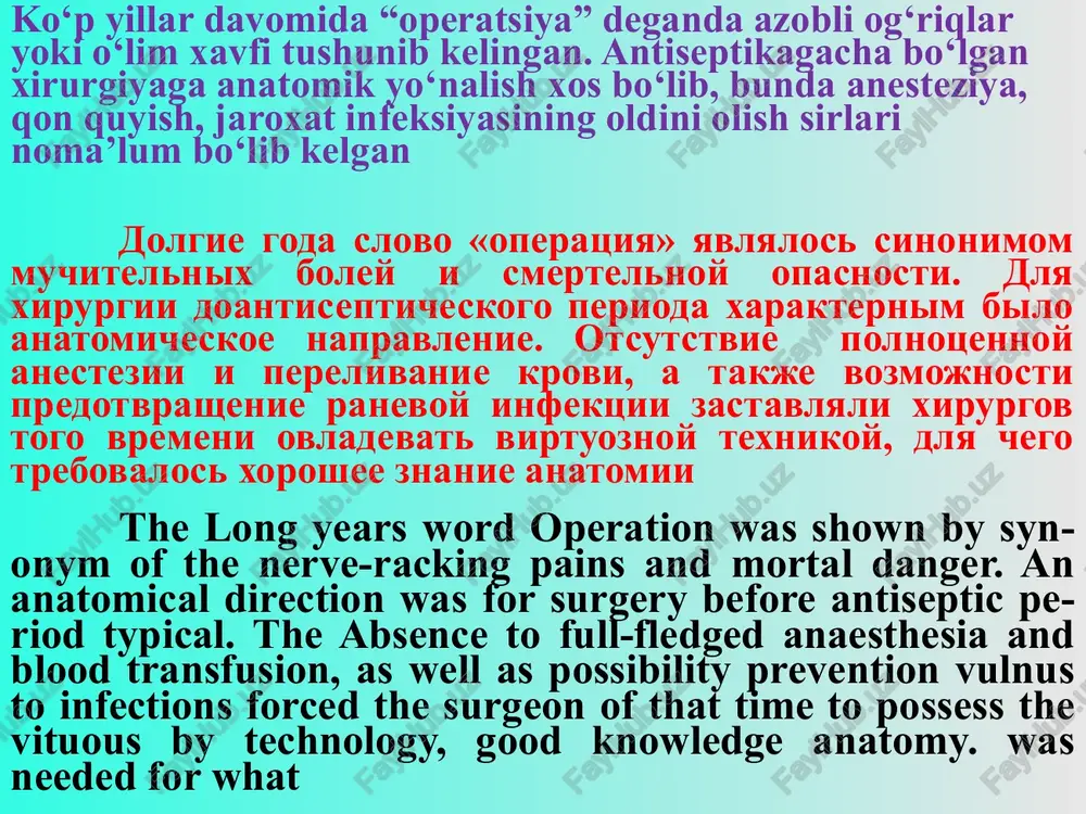 2. lechebnie a) radikalnie b) palliativnie depending on provided by purpose to operations be: 1. diagnostic 2. medical a) radical b) palliative vaqtiga ko‘ra: 1. kechiktirib bo‘lmaydigan 2. shoshilinch (urgent) 3. rejali po srochnosti: 1. neotlojnie ili ekstrennie 2. srochnie (urgentnie) 3. planovie on urgency: 1. urgent or emergency 2. urgent 3. planned bosqichlariga ko‘ra: 1. bir bosqichli operatsiyalar 2. ikki bosqichli operatsiyalar 3. ko‘p bosqichli operatsiyalar po etapnosti: 1. odnoetapnie operatsii 2. dvuxetapnie operatsii 3. mnogoetapnie operatsii on step: 1. one-step operations 2. two-step operations 3. plenty of step operation tozalik darajasiga ko‘ra: 1. toza operatsiyalar 2. shartli ravishda toza operasiyalar 3. ifloslangan operatsiyalar 4. iflos yoki birlamchi infisirlargan operatsiyala po stepeni aseptichnosti: 1. chistie operatsii 2. uslovno-chistie 3. zagryaznennie 4. gryaznie ili pervichno infitsirovannie. on degree aseptisis: 1. cleaner operations 2. conditionally-cleaner 3. polluted 4. dirtyor primary infection odatda xirurgik operatsiyalar davo maqsadda qilinadi, lekin diagnostik maqsadda qilinadigan …