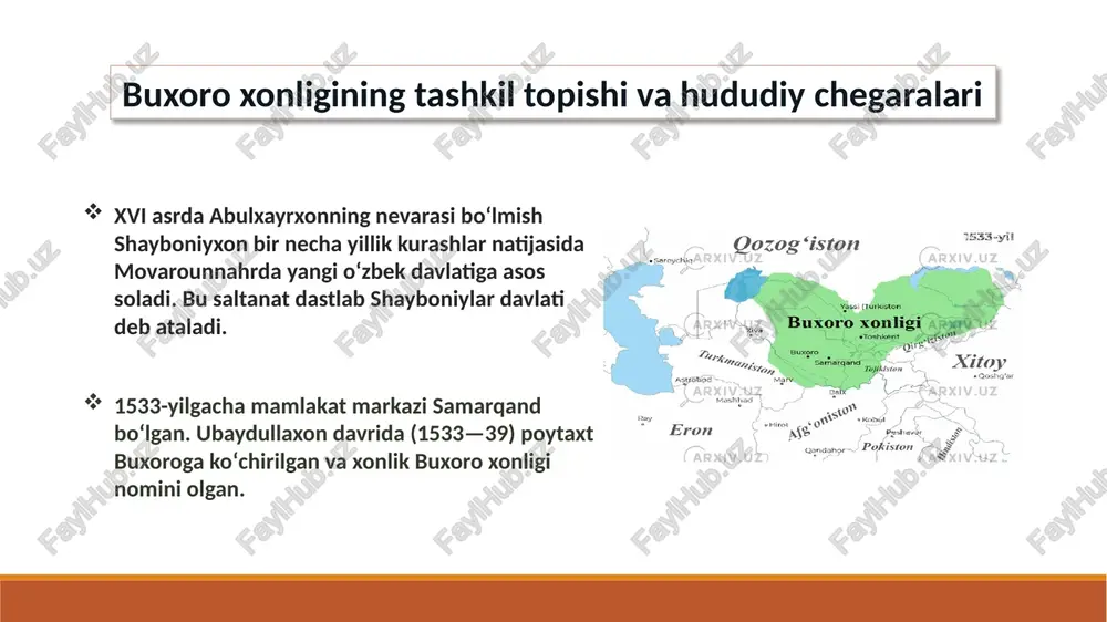 amonida buxoro xonligining hindiston, turkiya, rossiya bilan savdo va diplomatik munosabatlari rivojlangan. tarixiy manbalardan maʼlum boʻlishicha, 1572—78 yillari hindistonda buxoro xonining elchilari, buxoroda esa hindiston podshohi akbarntt elchilari boʻlgan. abdullaxon davrida boshlangan ichki siyosiy nizolar natijasida 1598-yilda abdullaxonning oʻzi va shu yilda uning oʻgʻli abdulmoʻmin oʻldirilgan. taxtga pirmuhammadxon ii chiqqan. ammo uning hukmronligi ham uzoqqa bormay, 1601-yil taxtdan agʻdarilgan. shu bilan qariyb 100 yil hukm surgan shayboniylar sulolasi barham topib, movarounnaxrda joʻjixon naslidan boʻlgan ashtarxonjlar (joniylar) sulolasi hukmronligi boshlangan. shohmuroddan keyin taxtga kelgan amir haydar va nasrullo asosan ichki nizolarni bartaraf qilish bilan shug‘ullanadi. nasrullo 1842 yil qo‘qon xonligini buxoroga bo‘ysundirishga erishadi, ammo shu yilning o‘zidayoq qo‘qon mustaqillikni qaytarib oladi. amirning qo‘qonga ikkinchi yurishi xiva xonining buxoroga hujumi sabab bekor qilinadi. aynan nasrullo davrida afg‘on turkistoni yoxud chor viloyat butunlay afg‘oniston ixtiyoriga o‘tib ketadi. 1868 yil rus imperiyasi qo‘shinlari buxoroga bostirib kiradi. buxoro amiri muzaffar xonlik mudofaasini uyushtira olmaydi va …