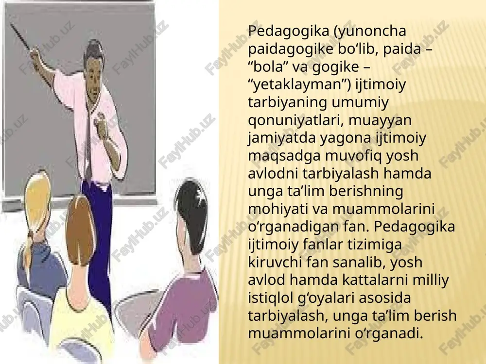 osida yosh avlodni har tomonlama o‘ stirish, uning ongi, xulq- atvori va dunyo-qarashini tarkib toptirish jarayoni. ta’lim - o‘quvchilarni nazariy bilim, amaliy ko‘nikma va malakalar bilan qurollantirish, kompetentlikni tarkib toptirish, ularning bilish qobiliyatlarini o‘stirish va dunyoqarashlarini shakllantirishga yo‘naltirilgan jarayon. bilim- shaxsning ongida tushunchalar, umumlashmalar, ma’lum obrazlar ko‘rinishida aks etuvchi borliq haqidagi tizimlashtirilgan ilmiy ma’lumotlar majmui. ko‘nikma - shaxsning muayyan faoliyatni tashkil eta olish layoqati. malaka - muayyan harakat yoki faoliyatni bajarishning avtomatlashtirilgan shakli. kompetensiya - egallangan bilim, ko‘nikma va malakalarni kundalik va kasbiy faoliyatda qo‘llay olish qobiliyati. ma’lumot - ta’lim-tarbiya natijasida o‘zlashtirilgan va tizimlashtirilgan bilim, hosil qilingan ko‘nikma va malakalar hamda tarkib topgan dunyoqarash majmui. shakllantirish - shaxsda barqaror xususiyat va sifatlarni belgilangan talab va me’yorlar asosida tarkib toptirish jarayoni. rivojlanish - shaxsning fiziologik va intellektual o‘sishida namoyon bo‘ladigan miqdor va sifat o‘zgarishlar mohiyatini ifoda etuvchi murakkab jarayon. pedagogika fanining paydo bo’lishi pedagogikaning fan sifatida shakllanib borishi ijtimoiy-iqtisodiy zaruriyat bo‘lib, …