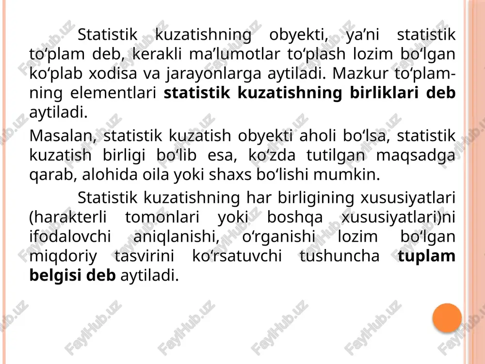 sh to’plam birliklarining barchasi kuzatiladi. masalan, o’zbekis-tonda aholi ro’yxati o’tkazi-ladigan bo’lsa, respublika fuqa-rolarning barchasi (qaerda-ligidan qat’iy nazar) ro’yxatga olinadi. o’rganilayotgan to’plam birlik-larining bir qismi kuzatishga jalb qilinadi. qisman kuzatish to’rtta turga bo’linadi anketa orqali kuzatish monografik tasvirlash asosiy massivni kuzatish tanlab kuzatish savollar yozil-gan varaqalar kuzatish birlik-lariga tarqati-lib, ular to’ldi-rilgandan so’ng yig’ishtirib oli-nadi va umum-lashtiriladi. bunda to’plam-ning bir bo’lagi-ni har tomonla-ma va chuqur o’rganish tushuniladi. o’rganilayotgan belgi umumiy hajmining o’zga-rishiga olib ke-ladigan eng sal-moqli o’rin tut-gan birliklar aj-ratib olib o’rga-niladi. bu kuzatishda bosh to’plam-dan bir qismi-ni tanlab olib tekshirish tu-shuniladi. 3. statistik kuzatishning dasturiy-uslubiy va tashkiliy masalalari statistik kuzatishni tashkil qilish va uni o’tkazishda qo’pol xatolarga yo’l qo’yilsa, statistik kuzatish natijalarining samaradorligi pasayadi. shuning uchun ham bu murakkab ishni boshlashdan oldin har tomonlama muhokama va ekspertiza qilingan kuzatish rejasini tuzish zarur. statistik kuzatish rejasi dasturiy-uslubiy va tashkiliy masalalarni o’z ichiga oladi. statistik kuzatishning dasturiy-uslubiy masalalari quyidagilardan tashkil topadi kuzatish maqsadi …