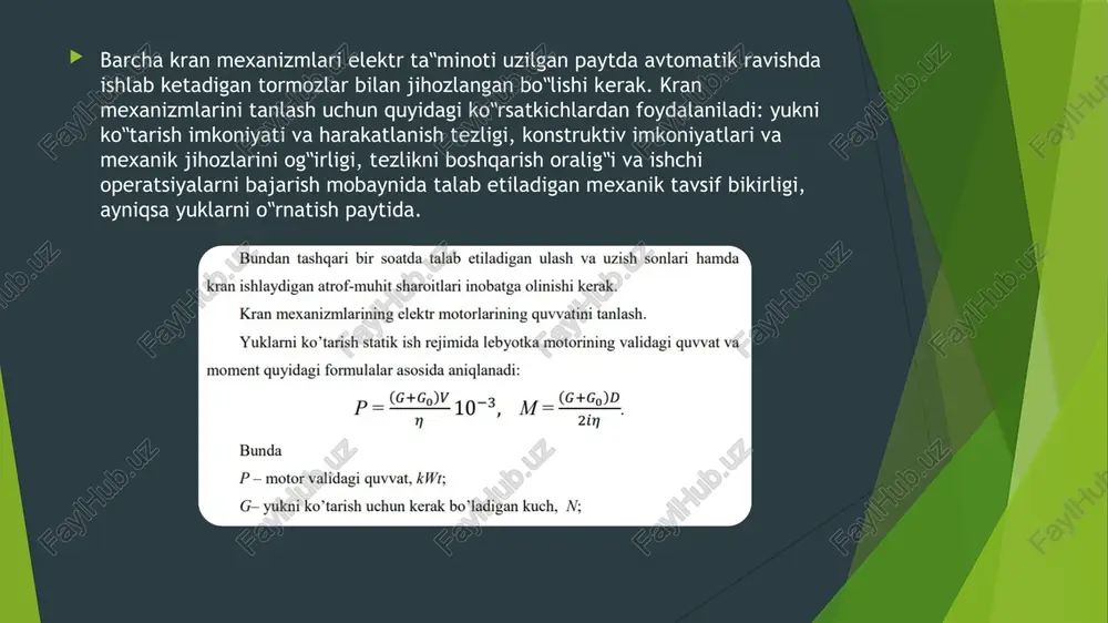 kranlar mexanizmlarining impuls-kalitli boshqariluvchi elektr yuritmalarining sxemalari keltirilgan. asinxron motor rotorining zanjiriga yarim boshqariluvchi ko‟priksmon to‟g‟rilagich ko‟rinishidagi tiristorli kommutator (tk) kiritilgan. uning chiqishiga rezistor r2d ulangan. tk tiristorlarni boshqarish releli element re orqali bajariladi. bu sxema uch xil rejimda ishlashi mumkin. birinchi rejim. tk tiristorlariga boshqarish signallari berilmagan. asinxron motor rotorining zanjiriga qo‟shimcha rp rezistor ulangan. bu holatga a mexanik tavsifi mos. ikkinchi rejim. re ishga tushirilgan. tiristorlarga boshqarish signallari berilgan, tk ochiq va motor rotorining zanjiriga qo‟shimcha rp rezistordan tashqari yana r2d rezistor ulangan. bu holatga b mexanik tavsifi mos. uchinchi rejim. uchinchi rejim birinchi va ikkinchi rejimlarni ketma ketligidan iborat bo‟lib, u 1 va 2 nuqtalar orasidagi tezliklar zonasida ishlaydi. knp tarkabida quyidagi asosiy elementlar bo‟ladi: elektr ta'minot kuchlanishini ulab-o‟chiruvchi umumiy rubilnik, chizg‟iy kontaktor, maksimal relelar komplekti hamda boshqarish tizimini ulab-o‟chiruvchi tugmacha va paketli ulab-o‟chirqich. knp elektr ta'minotiga qarab, ikki xil bo‟ladi: o‟zgarmas tok uchun “ppzb” turdagi va …