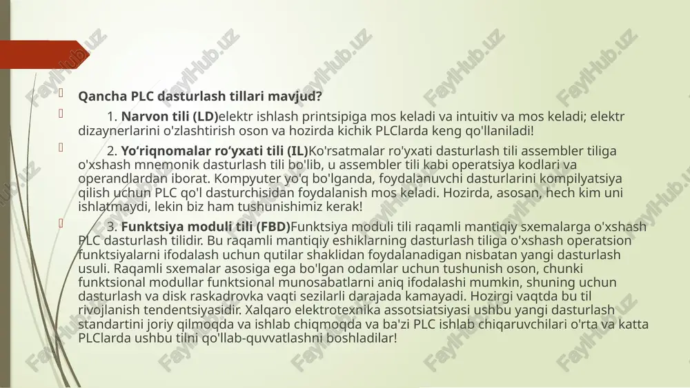 g'ri gaplashishiga ishonch hosil qiladi. bu kirish va chiqish signallari to'g'ri ishlanishini anglatadi. dasturchilar plc ishida katta rol o'ynaydi. ular mashinalarning yaxshi ishlashiga yordam beradigan kod yozadilar. ushbu kod plc xotirasida saqlanadi. har bir skanerlash siklida muammosiz ishlaydi. iec 61131-3 dasturlash tillari iec 61131-3 - bu iec 61131-3 xalqaro standartining bo'limi bo'lib, dasturlashtiriladigan mantiqiy kontrollerlar (plc) uchun dasturlash tillarini tavsiflaydi. ld, fbd, sfc, st, il, cfc ld (ladder diagram) tilning sintaksisi rele texnologiyasida tuzilgan mantiqiy sxemalarni almashtirish uchun qulaydir. sanoat korxonalarida ishlaydigan avtomatlashtirish muhandislariga qaratilgan. sfc (sequential function chart) tilning sintaksisi rele texnologiyasida tuzilgan mantiqiy sxemalarni almashtirish uchun qulaydir. sanoat korxonalarida ishlaydigan avtomatlashtirish muhandislariga qaratilgan. fbd(function block diagram) dastur yuqoridan pastgacha ketma-ket bajariladigan sxemalar ro'yxatidan tuzilgan. yorliqlarga o'tish bo'yicha ko'rsatma dasturlash shartlari va tsikllari uchun sxemalarni bajarish ketma-ketligini o'zgartirishga imkon beradi. st(structured text) structured text (st) — iec61131-3 dasturlash tili. sanoat kontrollerlari va operator stantsiyalarini dasturlash uchun mo'ljallangan. scada/hmi/softlogic paketlarida …