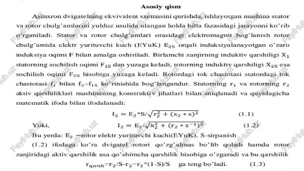 lar model asosida diskretsiya va motorni stabillashtirish muammolarini hal qiladi. samaradorlikni oshirish matematik modellar asosida motor parametrlarini optimallashtirib, uning ish samaradorligini oshirish mumkin. 13 kelgusi rivojlanish yo'nalishlari yuqori aniqlikdagi modellar inson va sun'iy intellekt asosida yanada aniq matematik modellar yaratish. kompleks tizimlarni tahlil qilish sinkron motorlarning matematik modellarini murakkab elektr-mexanik va boshqaruv tizimlarini integratsiyalash. model asosida loyihalash matematik modellar asosida yangi avlod sinkron motorlarini samarali loyihalash va optimallashtiirsh. 15 xulosa sinkron motorlarning matematik modellarini tuzish va takomillashtirish ularning ish samaradorligini oshirishda muhim ahamiyatga ega. bu modellar elektr va mexanik komponentlarni yaxlit tizim sifatida ifodalab, motorning xulq-atvorini chuqur tushunishga yordam beradi. 16 foydalanilgan adabiyotlar 1. o.hoshimov, s.saidaxmedov ,,elektr yuritma asoslari’’ toshkent-2010 2. j.s.salimov, n.b.pirmatov ,,elektr mashinalari” toshkent-2005 3. v. i. polishchuk, glazyrin a. s., glazyrina t. a. uch fazali elektr mashinalarining rotorli o’ramlarining holatini funktsional to'lqin diagnostikasi // elektr. - 2012. image2.png image3.png image4.png image5.png image6.png image7.png image8.jpeg image9.png image10.png image11.png …