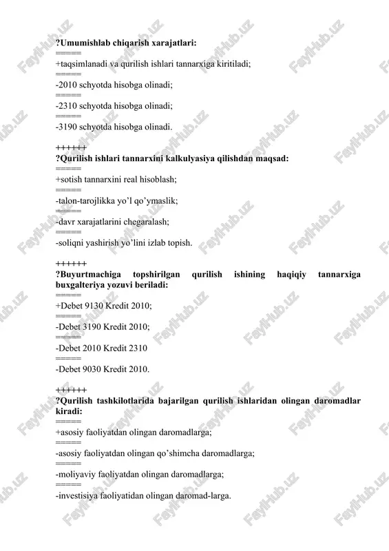 i ===== -mol sotib oluvchining bankini boshqa shaxardagi mol yuboruvchining bankiga jo’natilgan tovar, bajarilgan ish va xizmatlari uchun mol yuboruvchining schyotiga pul o’tkazib berish to’g’risidagi buyrug’i ===== -mol sotib oluvchi tovaro lmasdan turib mol yuboruvchining schyotiga o’zining pul mablag’larini o’tkazib qo’yishi ++++++ ?mol etkazib beruvchilarning qarzi qisqa muddatli bank krediti hisobidan to’langanda qanday buxgalteriya provodkasi beriladi ===== +dt 6010 kt6810 ===== -dt 6010 kt 5110 ===== -dt 6010 kt7810 ===== -dt 5110 kt6810 ++++++ ?debitorlik qarzi nima? ===== +boshqa korxonaning muayyan korxonaga bo’lgan qarzi ===== -korxonaning mablag’ining boshqa korxona oborotida ishtirok etishi ===== -korxonaga boshqa tashkilotdan jo’natilgan tovar, bajarilgan ish va xizmatlar uchun to’lashi lozim bo’lgan qarzi ===== -hamma javob to’g’ri ++++++ ?qurilish tashkilotining hisobot yili sof foydasini aks ettiring: ===== +debet 9910 kredit 8710; ===== -debet 9910 kredit 8720; ===== -debet 9010 kredit 8710; ===== -debet 9210 kredit 8710. ++++++ ?hisobot oyida kirim qilingan qurilish materiallarining haqiqiy tannarxiga buxgalteriya …