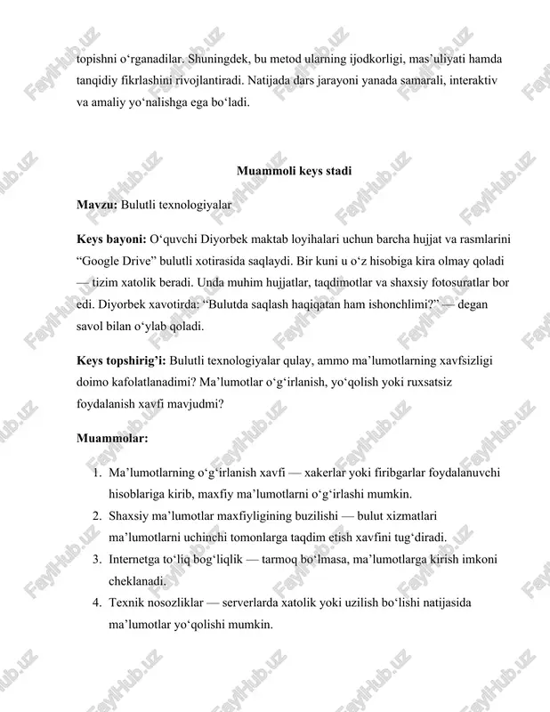 uchinchi tomonlarga taqdim etish xavfini tug‘diradi. 3. internetga to‘liq bog‘liqlik — tarmoq bo‘lmasa, ma’lumotlarga kirish imkoni cheklanadi. 4. texnik nosozliklar — serverlarda xatolik yoki uzilish bo‘lishi natijasida ma’lumotlar yo‘qolishi mumkin. 5. zaxira nusxalarning yetarli emasligi — foydalanuvchi faqat bulutda saqlasa, tizim buzilganda hamma fayllar yo‘qoladi. 6. bulut provayderiga to‘liq ishonch masalasi — xizmat ko‘rsatuvchi kompaniya ma’lumotlardan qanday foydalanayotgani noma’lum bo‘lishi mumkin. 7. parol xavfsizligi muammosi — foydalanuvchi oddiy parollar ishlatsa, hisob oson buziladi. 8. huquqiy himoya masalalari — ba’zi davlatlarda bulutli ma’lumotlarni himoya qilishga oid qonunlar yetarli emas. muammoning yechimlari 1. ma’lumotlarning o‘g‘irlanish xavfi kuchli parol, ikki bosqichli autentifikatsiya va shifrlashdan foydalanish. 2. shaxsiy ma’lumotlar maxfiyligining buzilishi ishonchli bulut provayderini tanlash va ma’lumotlarni shifrlash. 3. internetga to‘liq bog‘liqlik muhim fayllarni oflayn zaxira nusxalarida ham saqlash. 4. texnik nosozliklar fayllarni muntazam zaxiralash va xizmatlarning holatini tekshirish. 5. zaxira nusxalarning yetarli emasligi muhim ma’lumotlarni kamida ikki joyda saqlash (bulut + tashqi disk). …