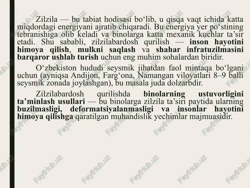 amonaviy dasturlar: autocad, sapfir, lira va boshqalar. hisob-kitoblarda bino tebranishining o‘z chastotasi rezonans bilan mos tushmasligi lozim — bu qulash xavfini kamaytiradi. 6. bino balandligi va qattiqligi orasidagi muvozanat juda baland, ammo ingichka binolar tebranishga ko‘proq moyil. qattiqlik va og‘irlik markazi bir joyda bo‘lishi kerak. qavatlar soni oshgani sari konstruktiv elementlar (ustun, ramalar) soni va kesimi ham oshiriladi. 🔍 7. qurilish sifatini nazorat qilish zilzilabardoshlik faqat loyiha emas — qurilish sifati ham hal qiluvchi rol o‘ynaydi. nazorat quyidagilarni o‘z ichiga oladi: betonning zichligi va mustahkamligi; armatura joylashuvi va qoplama qalinligi; payvand choklarining sifati; qurilish me’yorlari: o‘z dst 3041:2015, kmk 2.01.03-19 talablariga muvofiqlik. 8. hududning seysmik xususiyatlarini inobatga olish o‘zbekiston 7–9 balli seysmik zonalarga bo‘lingan. loyihalashda seysmorayonlashtirish xaritalari asosida bino sinfi belgilanadi: 7 ballgacha — oddiy armaturalangan konstruktsiyalar; 8–9 ball — mustahkam po‘lat ramalar, qattiq disklar va kesish devorlari talab qilinadi. 💡 9. zilziladan himoyalovchi zamonaviy texnologiyalar base isolation (tayanch izolyatsiyasi) …